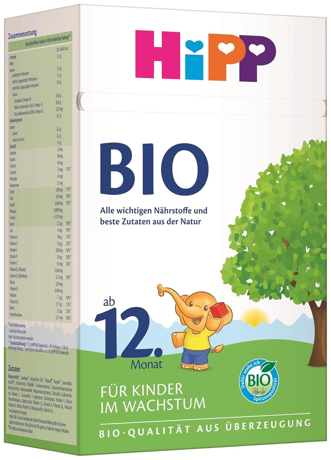 Leche de crecimiento orgánica HiPP (4 x 600 g) después de 12 meses con calcio, hierro, vitamina C y D para niños pequeños en crecimiento, la mejor calidad orgánica