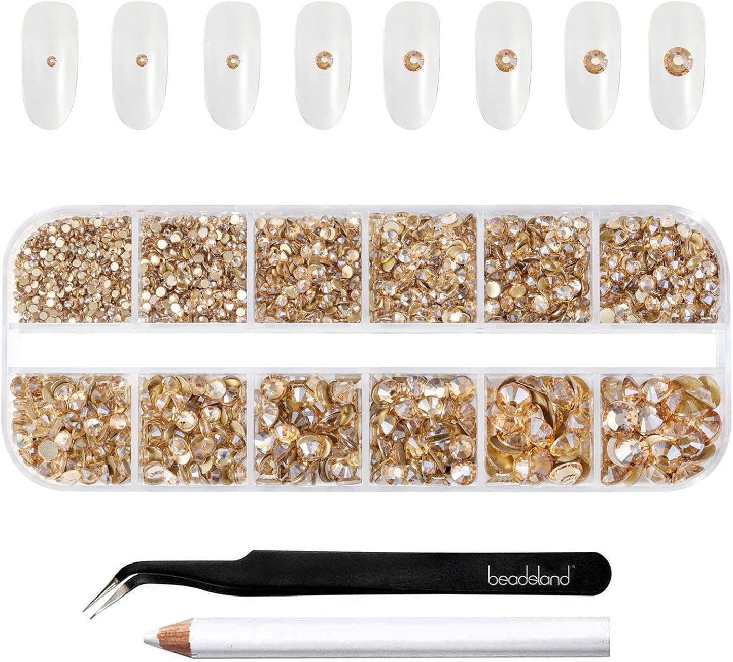 Beadsland 2500 piezas de piedras de cristal para decoración de uñas con parte trasera plana, piedras preciosas para trabajos manuales de 8 tamaños SS4 ~ SS30 con pinzas y puntas (Kristall Weiss)