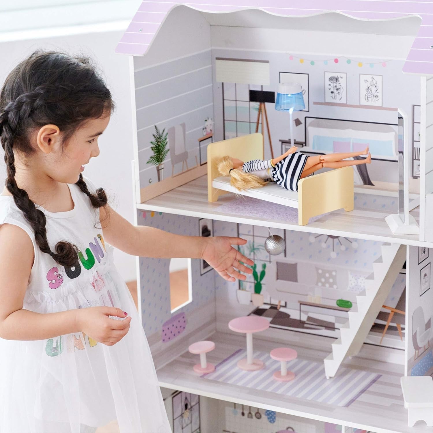 Teamson Kids Olivia's Little World Casa de muñecas gigante con 16 accesorios para muñecas, casa de muñecas de madera con muebles, casa de muñecas de 3 pisos, 30 cm para niños, a partir de 3 años