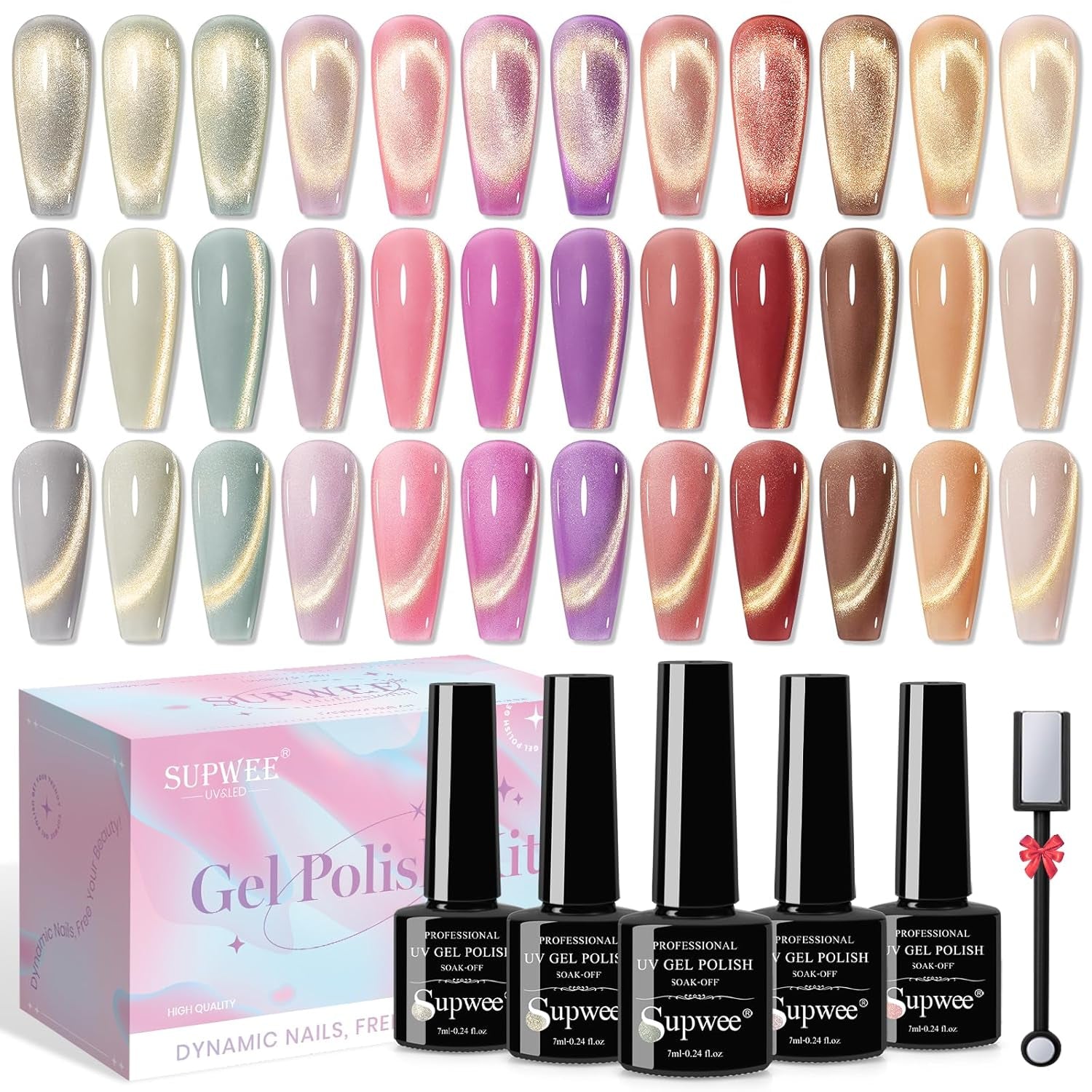 SUPWEE Herramienta de imán de uñas 5 en 1, imán de ojo de gato rosa para uñas multifunción, imán magnético 3D DIY Magic Stick Pen Set Nail Art Magnet Stick para Nail Art Diy-Zubehör