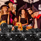 Juego de cubiertos de papel de araña de Halloween de 49 piezas que incluye platos, servilletas, vasos y mantel. Vajilla negra con platos de postre, servilletas y vasos.