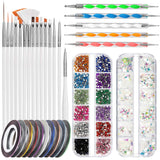 FANDAMEI Juego de Pinceles para decoración de uñas, Pinceles para uñas de Gel de 15 Piezas, bolígrafos de Puntos de 5 Piezas, Cintas de Cinta de 10 Rollos, Puntas de Strasssteine ​​​​Nägel, Paillettes Ultra Dünn para Manicura de Arte de uñas