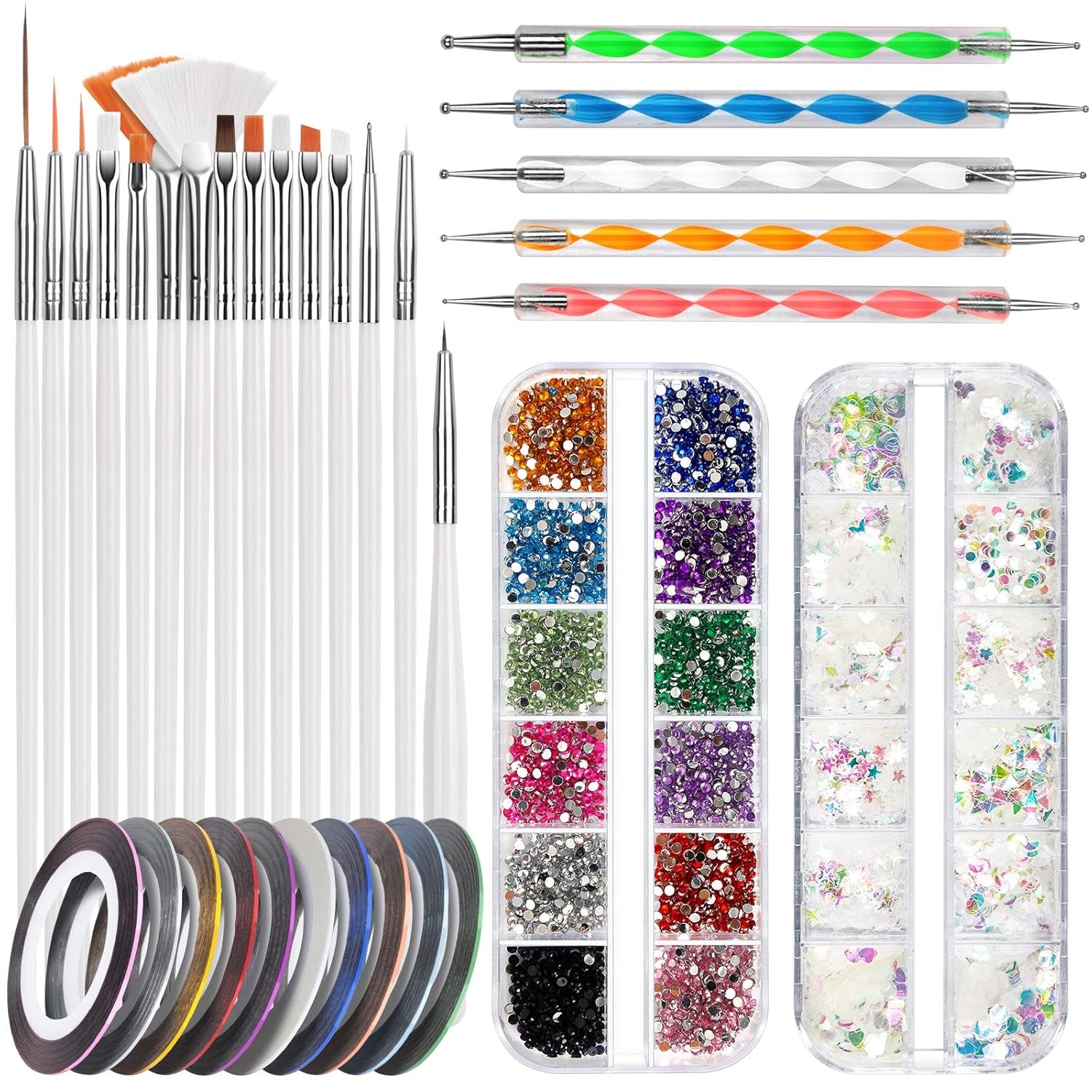 FANDAMEI Juego de Pinceles para decoración de uñas, Pinceles para uñas de Gel de 15 Piezas, bolígrafos de Puntos de 5 Piezas, Cintas de Cinta de 10 Rollos, Puntas de Strasssteine ​​​​Nägel, Paillettes Ultra Dünn para Manicura de Arte de uñas
