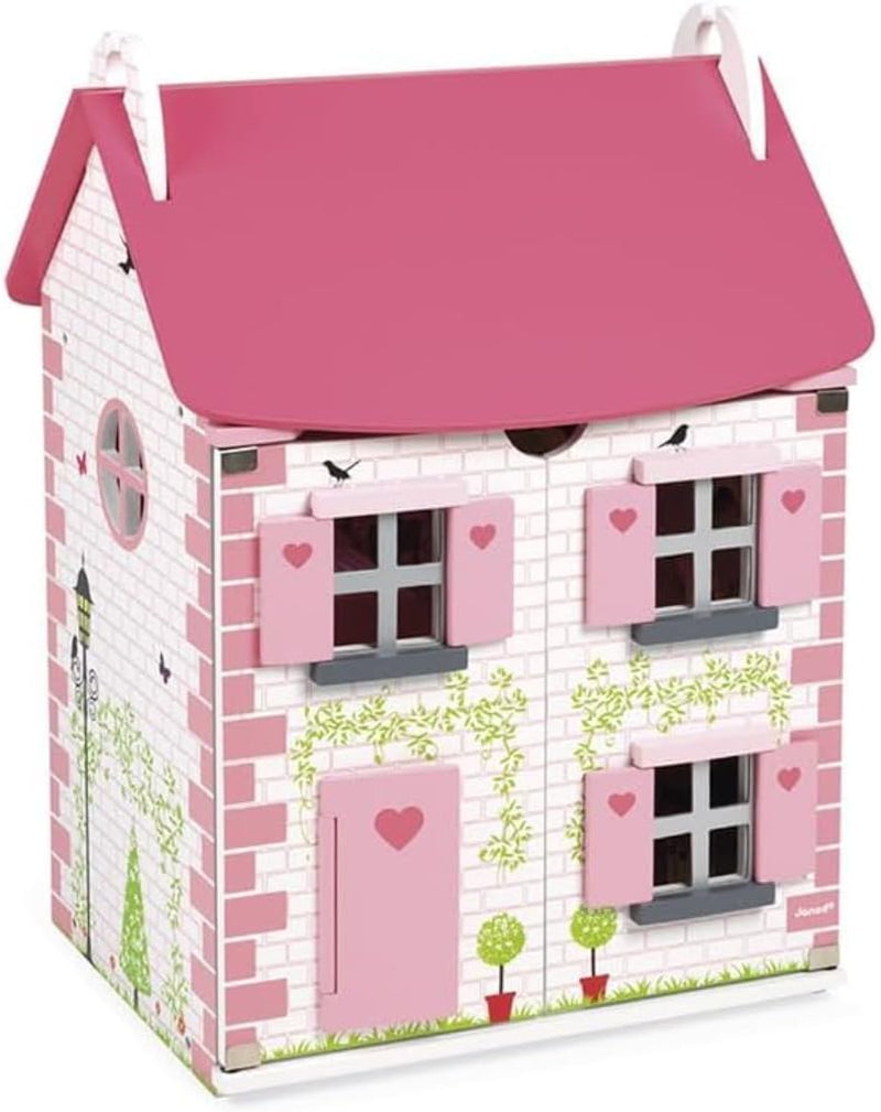 Janod Mademoiselle Casa de muñecas de madera de 3 pisos con 11 accesorios, réplica de juguete, desarrolla la imaginación, a partir de 3 años, J06581