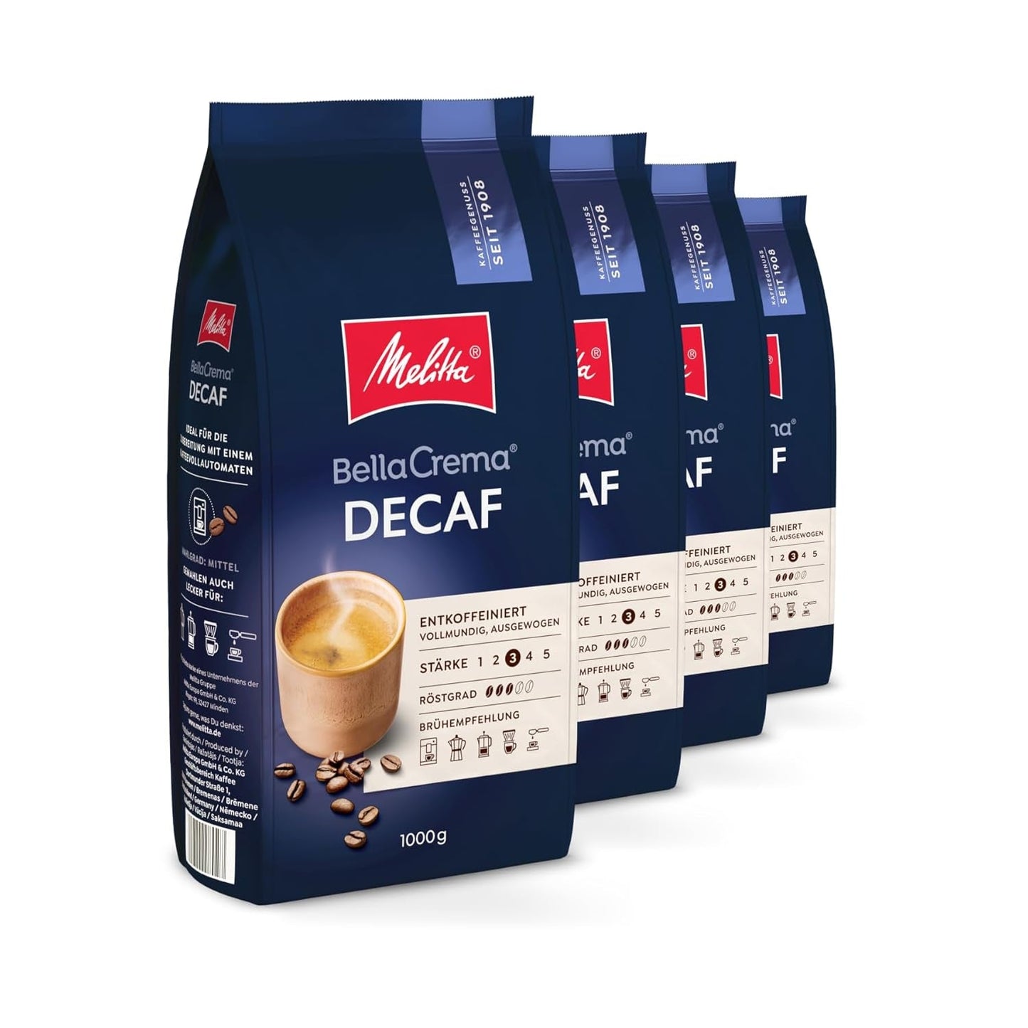 Melitta BellaCrema Café en grano descafeinado 4 x 1 kg Café en grano sin moler para máquinas de café automáticas Descafeinado Tostado ligero Tostado alemán 3 concentraciones