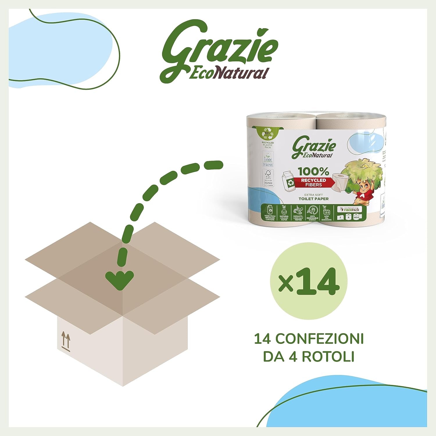 Grazie Natural Papel Higiénico Econatural, 56 Rollos, Papel Higiénico Reciclado Fibrepack, 100% Ecológico, Eco-Friendly, Certificado Ecolabel y FSC Reciclado, Hecho en Italia
