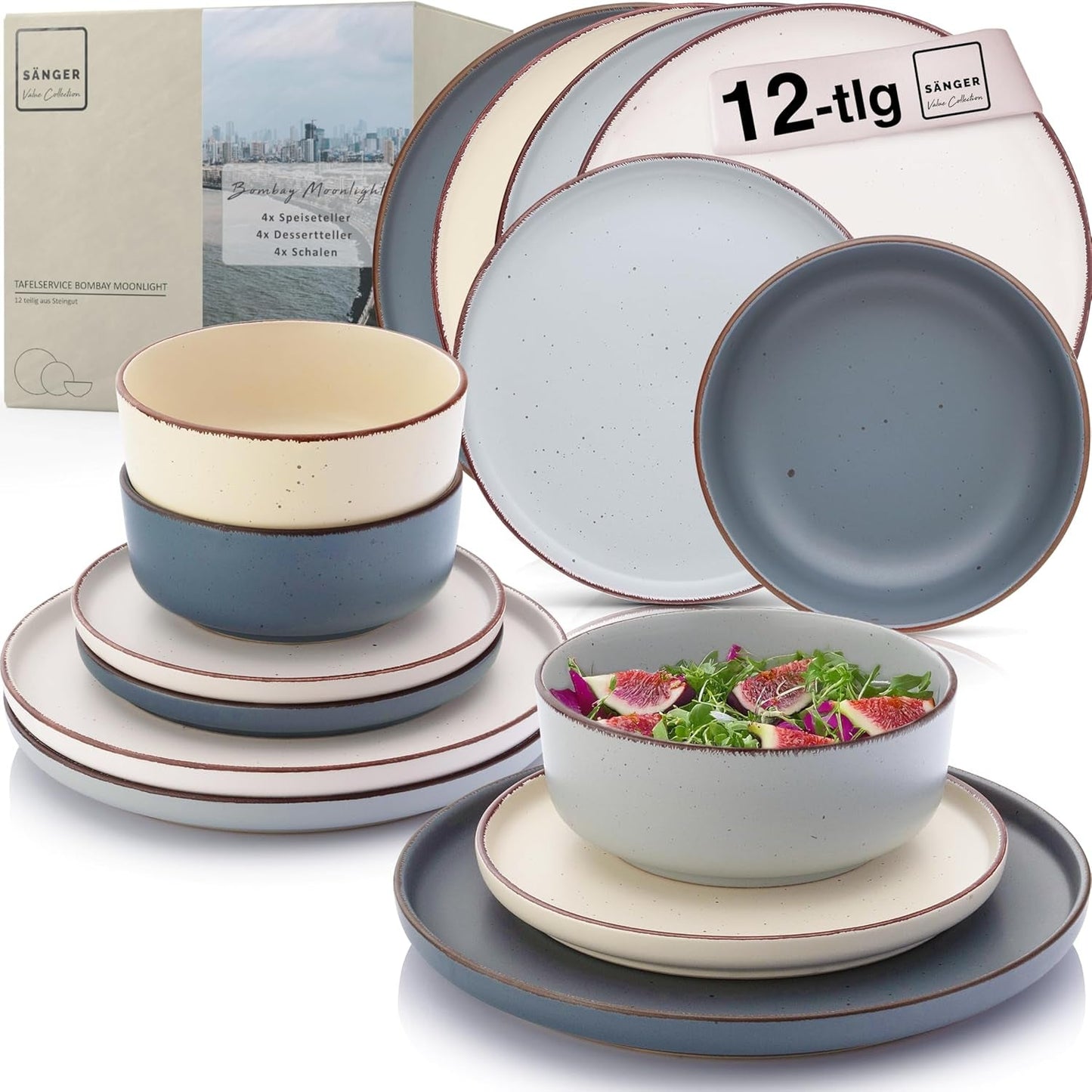 SÄNGER Bombay Luz de luna | Juego de vajilla de cerámica de 12 piezas para 4, 4 platos llanos, 4 platos de postre, 4 tazones, colores surtidos | LA COLECCIÓN DE VALOR
