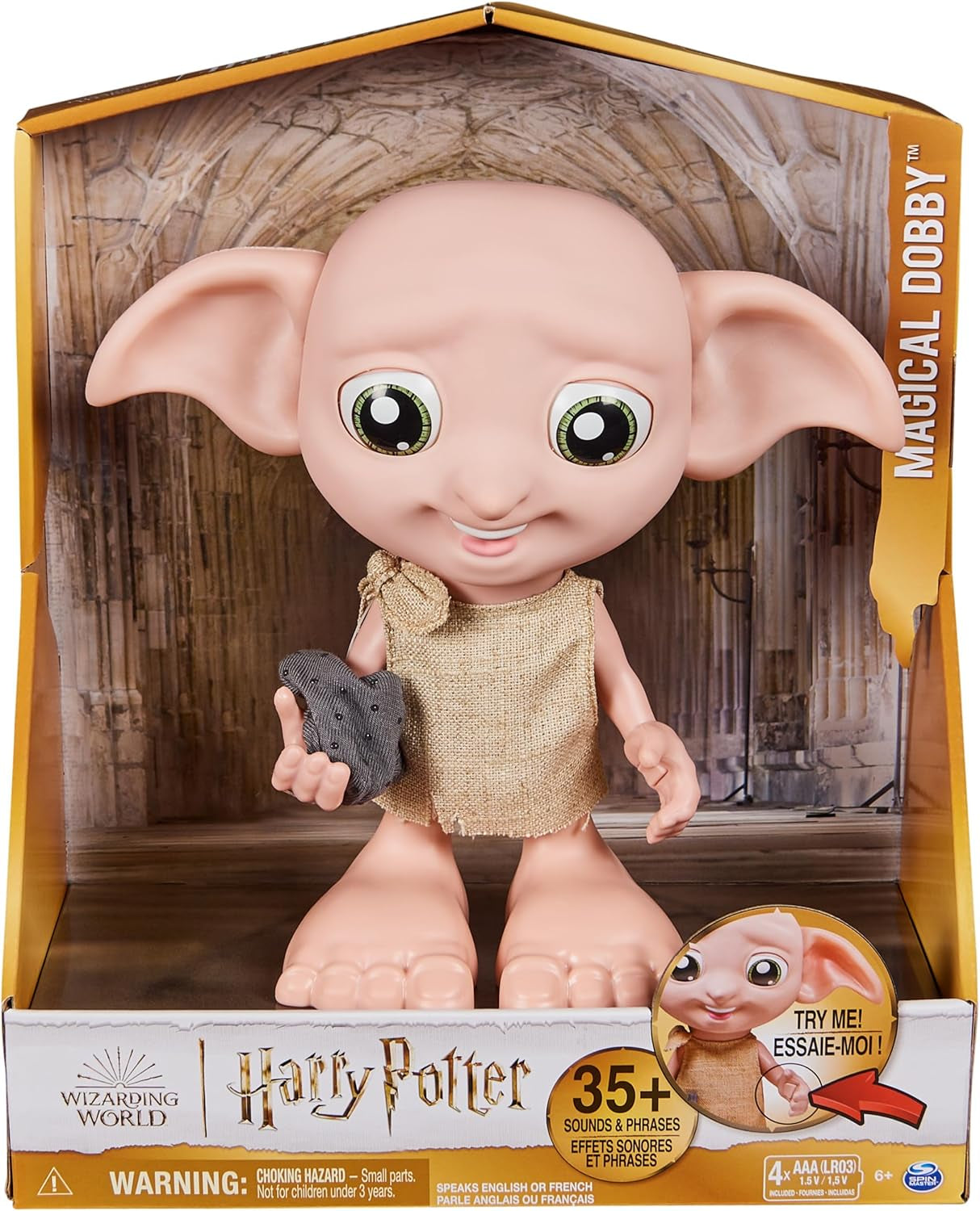 Spin Master 6067280 Wizarding World Harry Potter Magical Interactive Dobby Elf Sock Doll, más de 30 sonidos y frases, 21,6 cm, juguete para niños, negro