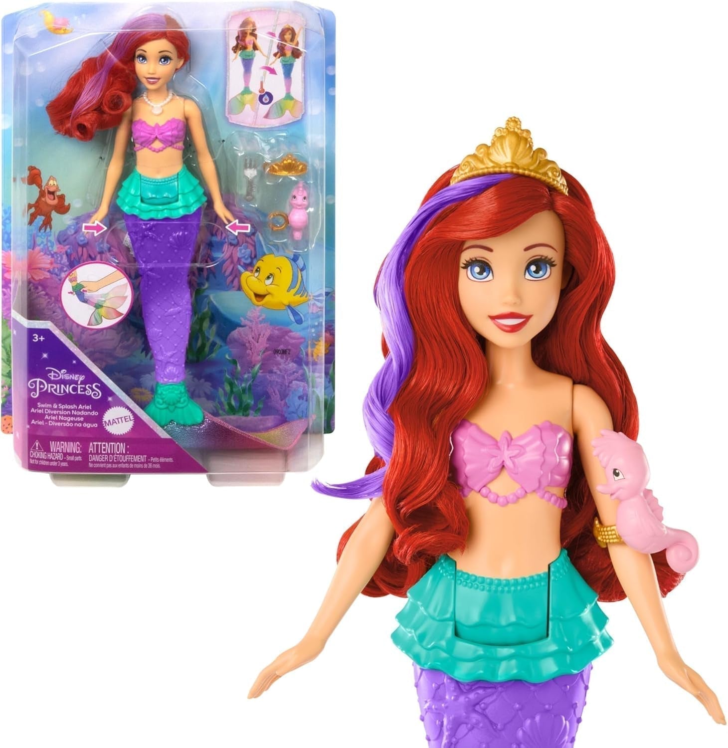 Mattel Disney Princess Toys, Maquillaje Sirena Arielle Muñeca Fashion con Cola Desmontable, Mesa de Maquillaje con 5 Sorpresas Pop-Up Repetibles y 5 Accesorios, JBF86 Naty Shop Muñecas Ariel
