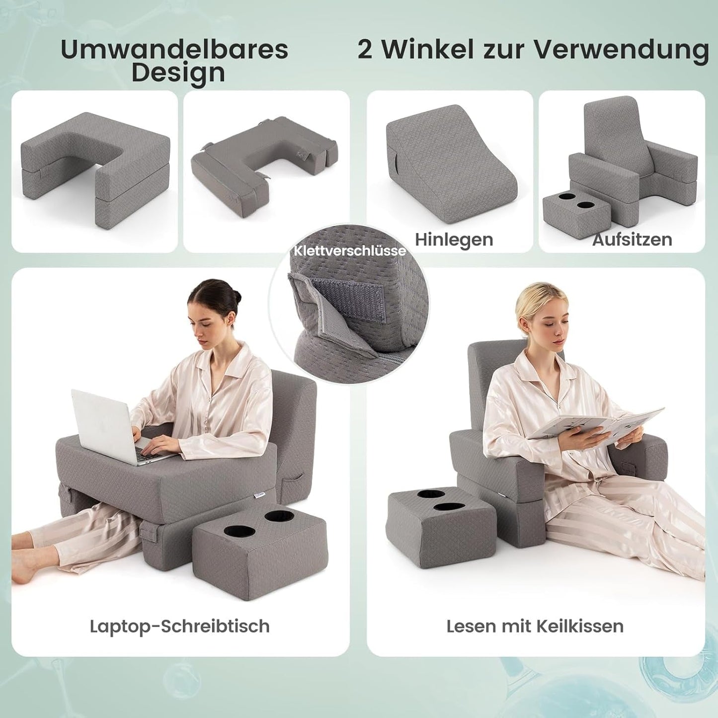 Almohada de lectura para cama y sofá, cojín para libros, combinable libremente con soporte para bebidas y funda lavable, almohada de escritorio ajustable para computadora portátil para leer, jugar, trabajar, escribir (gris)