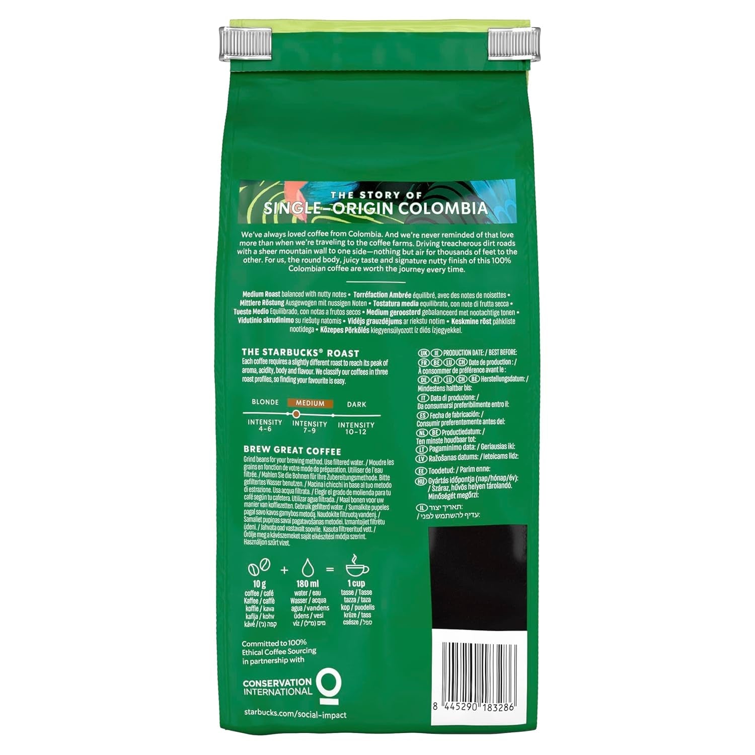 STARBUCKS Café Colombia de origen único, tostado medio, grano entero, 450 g (paquete de 4)