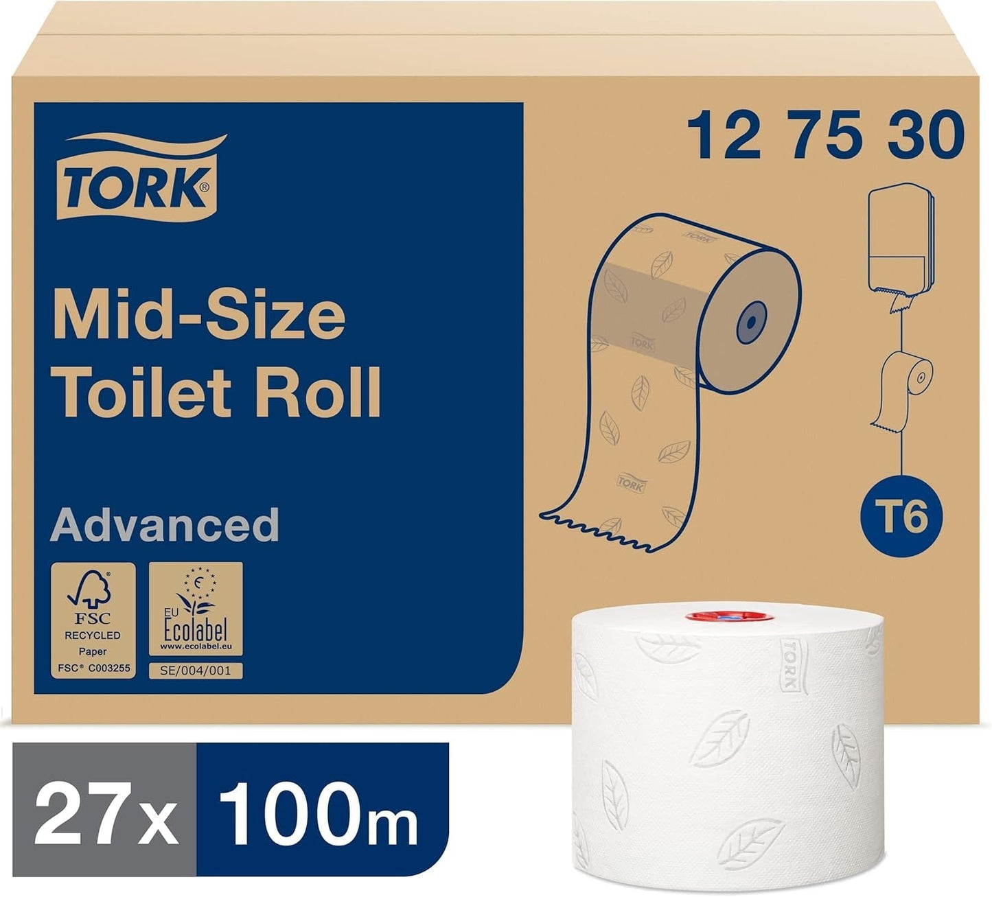 Tork 127530 Papel higiénico suave Midi de calidad avanzada para dispensador de papel higiénico Tork T6 de doble rollo/papel higiénico suave de 2 capas resistente a desgarros, paquete de 27 (27 x 100 metros)