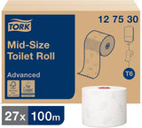 Tork 127530 Papel higiénico suave Midi de calidad avanzada para dispensador de papel higiénico Tork T6 de doble rollo/papel higiénico suave de 2 capas resistente a desgarros, paquete de 27 (27 x 100 metros)