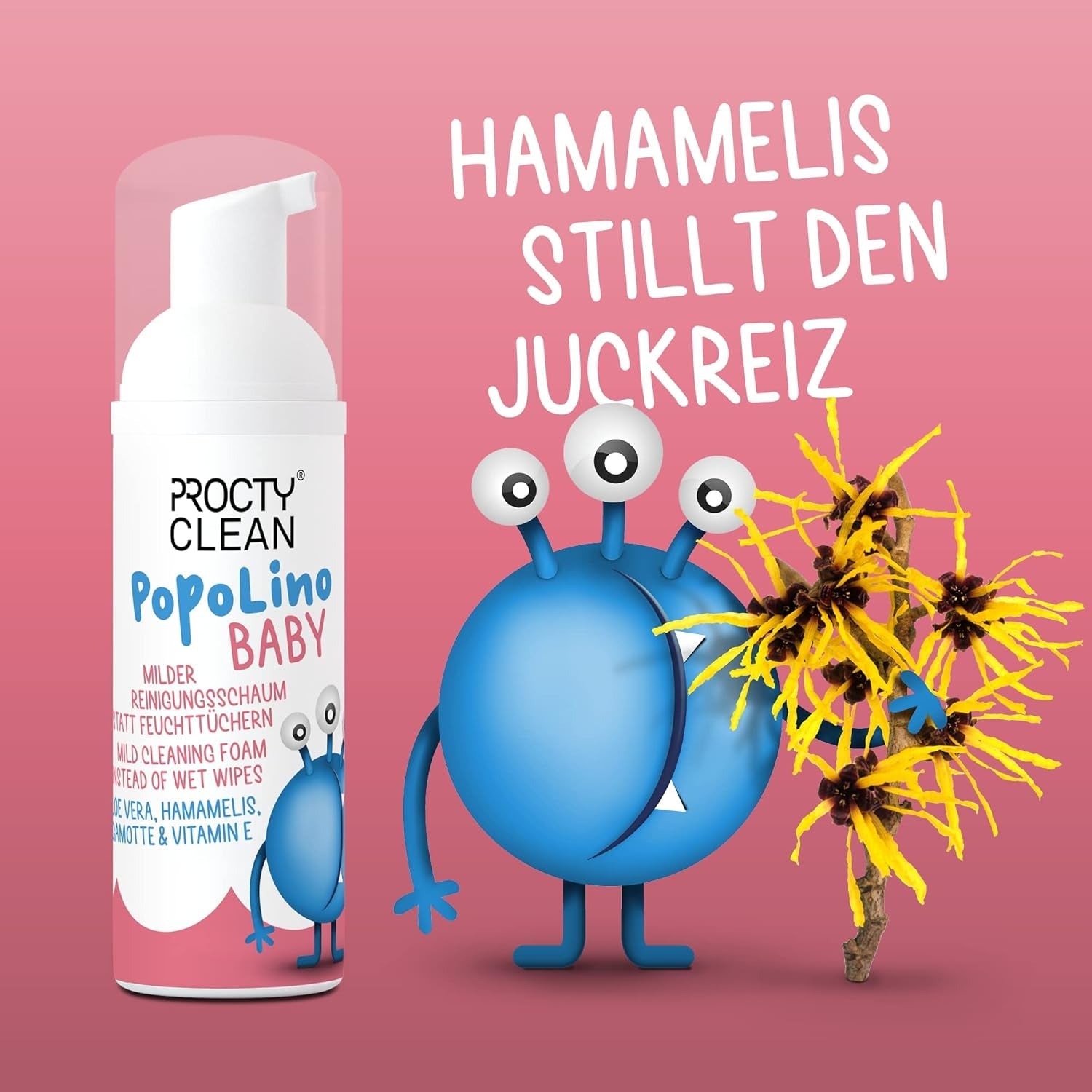 Espuma de fondo suave PopoLino Baby en lugar de toallitas húmedas para bebés. Vegan and natural cosmetic cleansing foam! Espuma para culitos con aloe vera, hamamelis, bergamota y vitamina E. Hace felices los culitos y el medio ambiente.