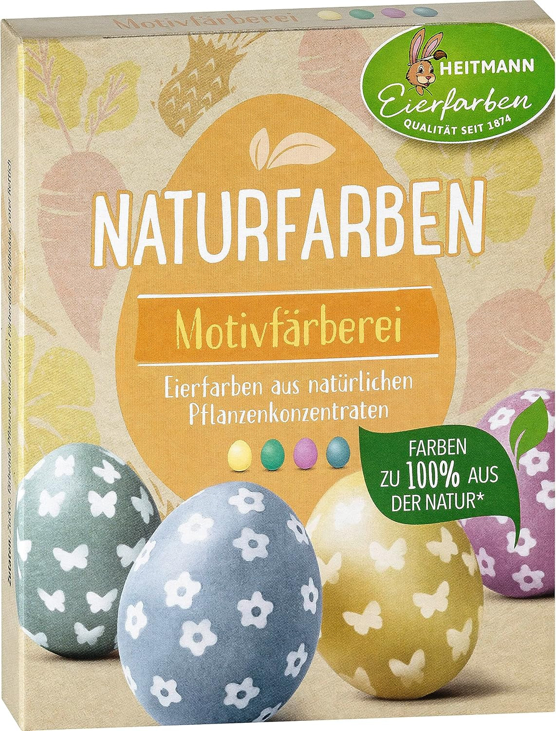 Heitmann Egg Dye Juego de tintes naturales, 3 tintes en polvo para huevos (amarillo, morado, gris azulado), hoja de pegatinas de papel de hierba