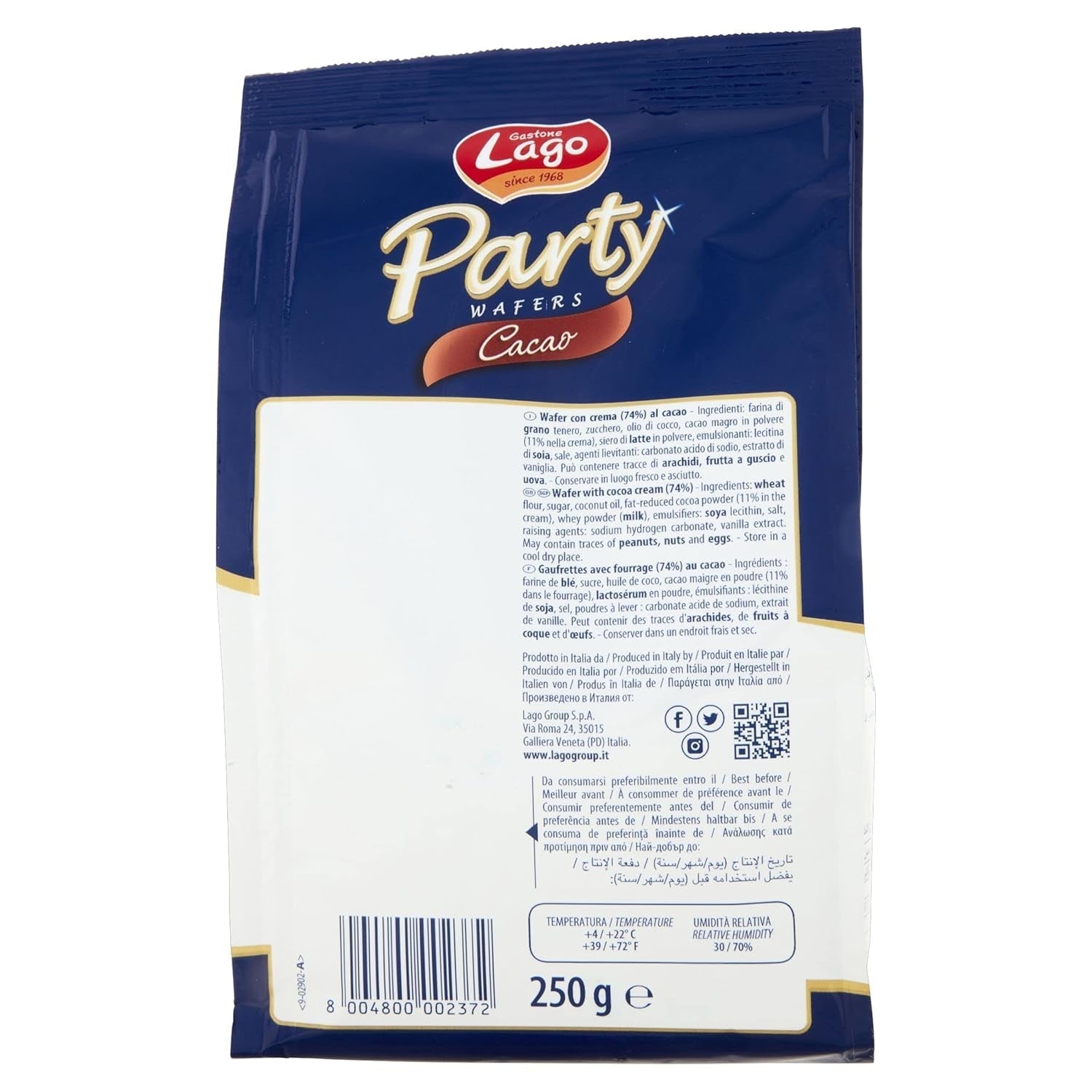 Cacao para fiestas 250 g, barquillo con crema de cacao, 74% Con 5 capas de barquillo y una crema de chocolate aterciopelada