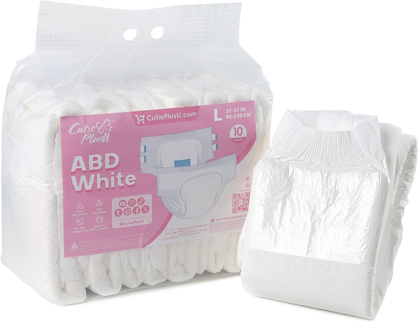 CutiePlusU Pañales para Adultos, Paquete de 10 Bragas Desechables para Incontinencia con Lazos para Mujeres y Hombres, Máxima Absorbencia Durante la Noche - Blanco (Tamaño Mediano 71-96cm)