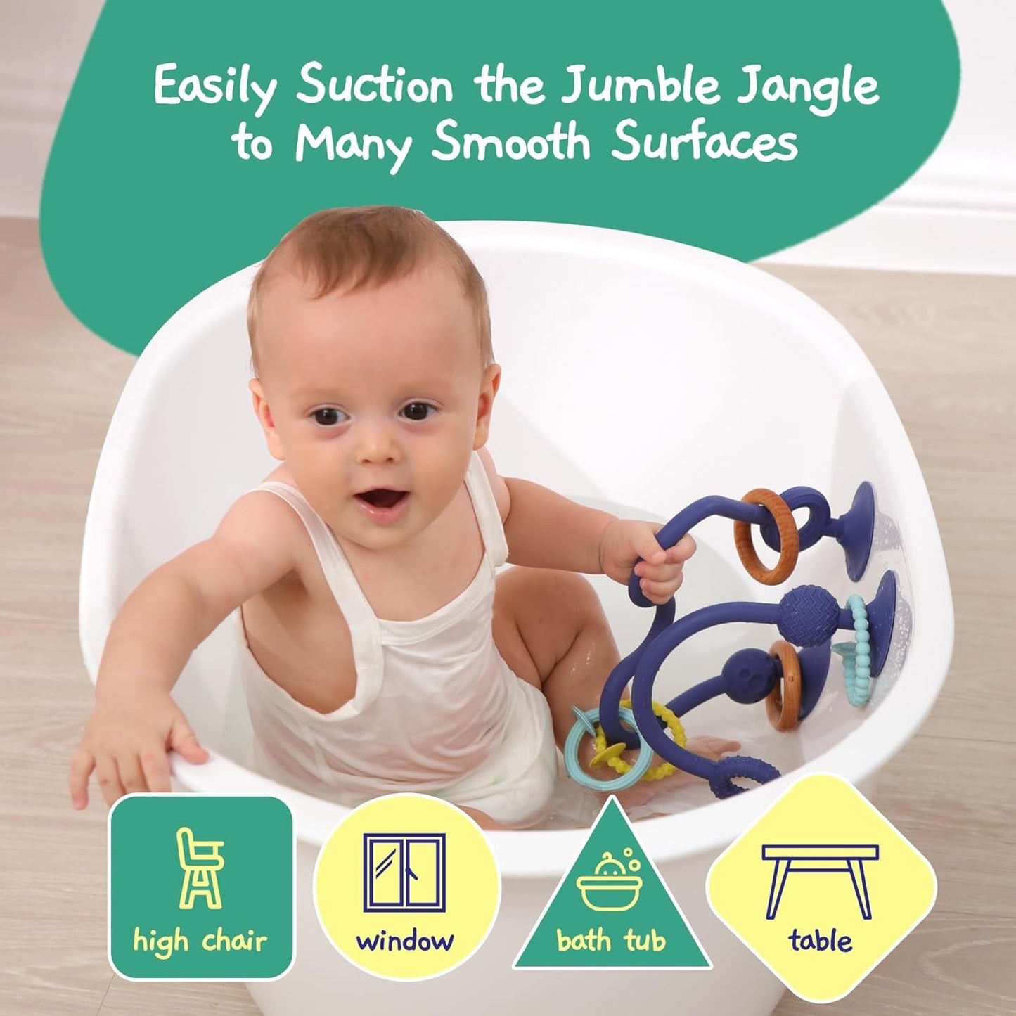 JUMBLE JANGLE Anillo de dentición para bebé: juguete para la dentición del bebé de 3 a 24 meses | Juego de 7 juguetes para masticar sin BPA | Anillo de dentición de silicona refrescante | Juguete infantil con ventosa para trona, mesa y bañera