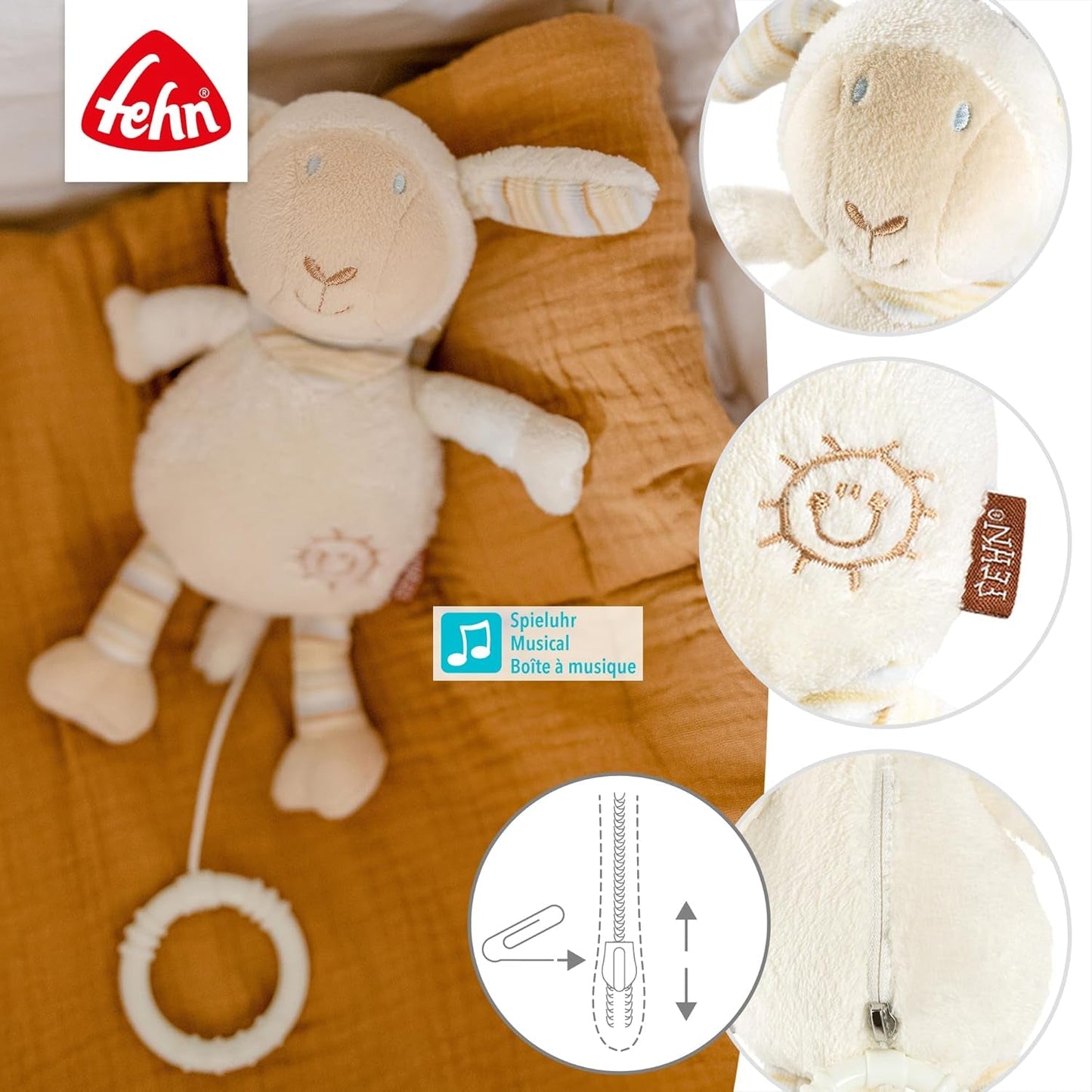 Fehn Caja de música para bebé, oveja para dormir, peluche con accesorio, canción para dormir "Brahms Lullaby", juguete infantil para viajar y en casa, juguetes musicales para bebés y niños Bebe Naty Shop Toys