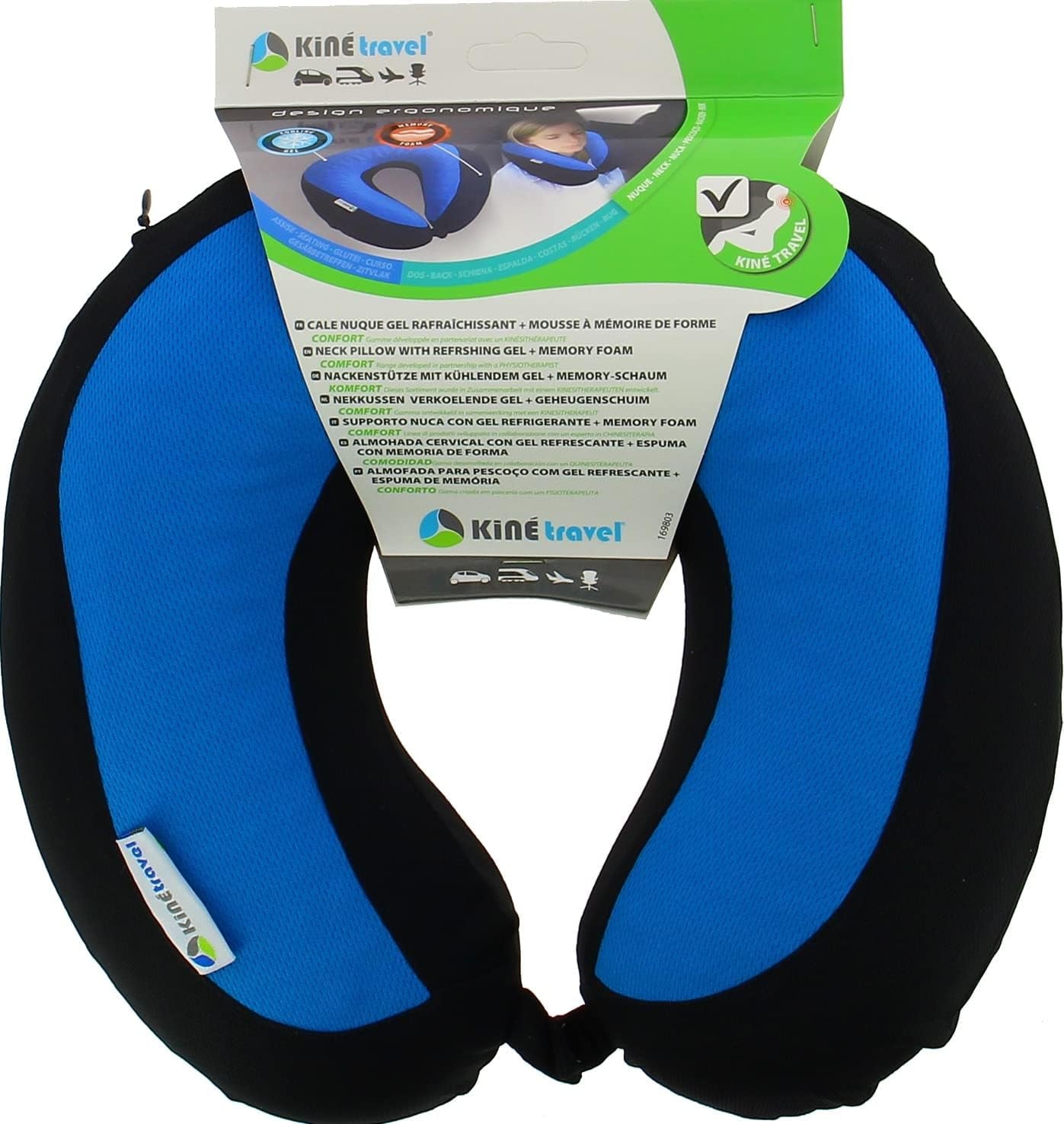 Kine Travel 169803 Almohada cervical de gel Physio Approved Almohada de viaje ergonómica Negro y azul Almohadas de viaje Naty Shop