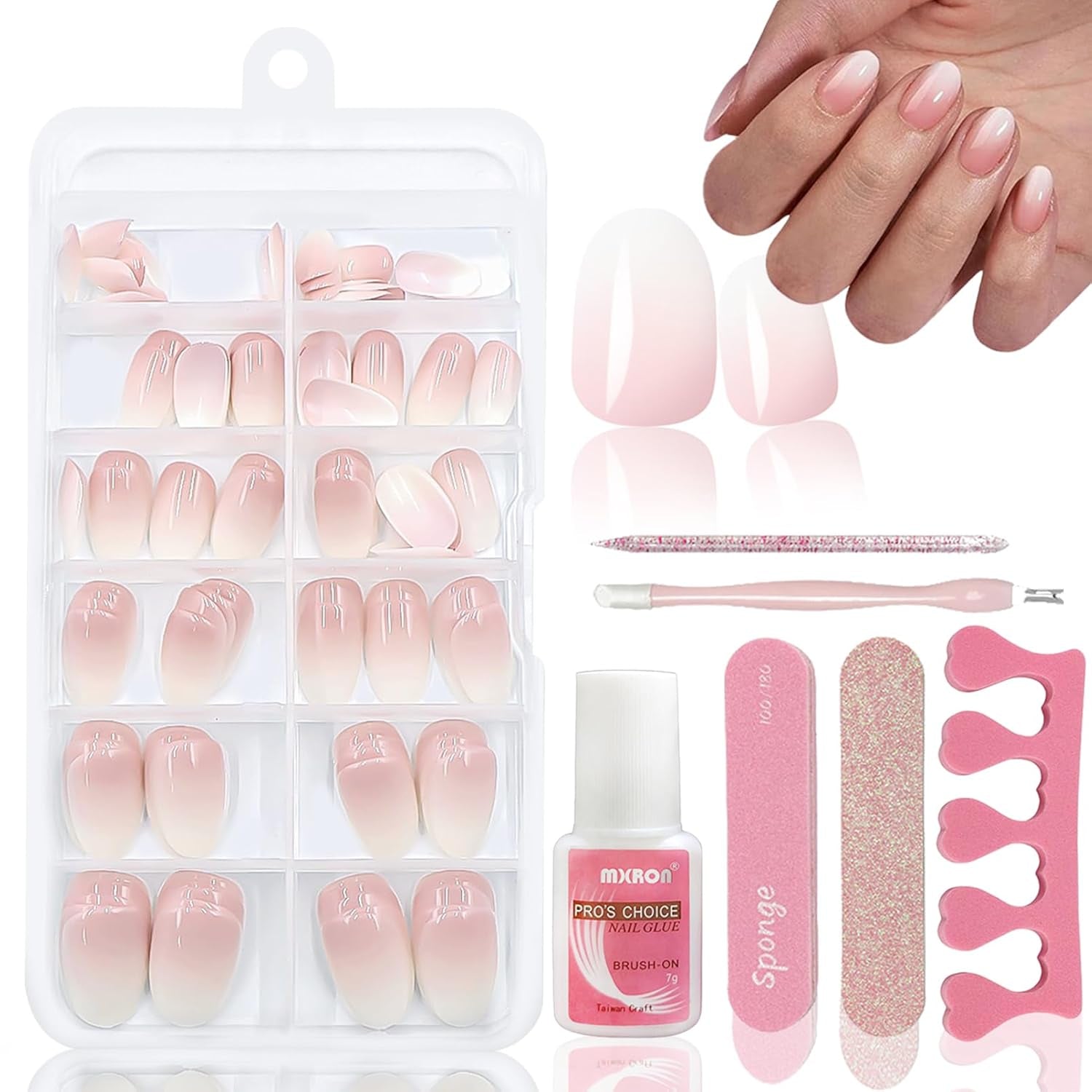 120 piezas de uñas postizas de color rosa nude con pegamento para uñas - 12 tamaños de uñas cortas ovaladas cuadradas a presión - Hermosas uñas, pegamento en uñas artificiales - Adecuado para el diseño de uñas de bricolaje para mujeres (degradado rosa Squaval)