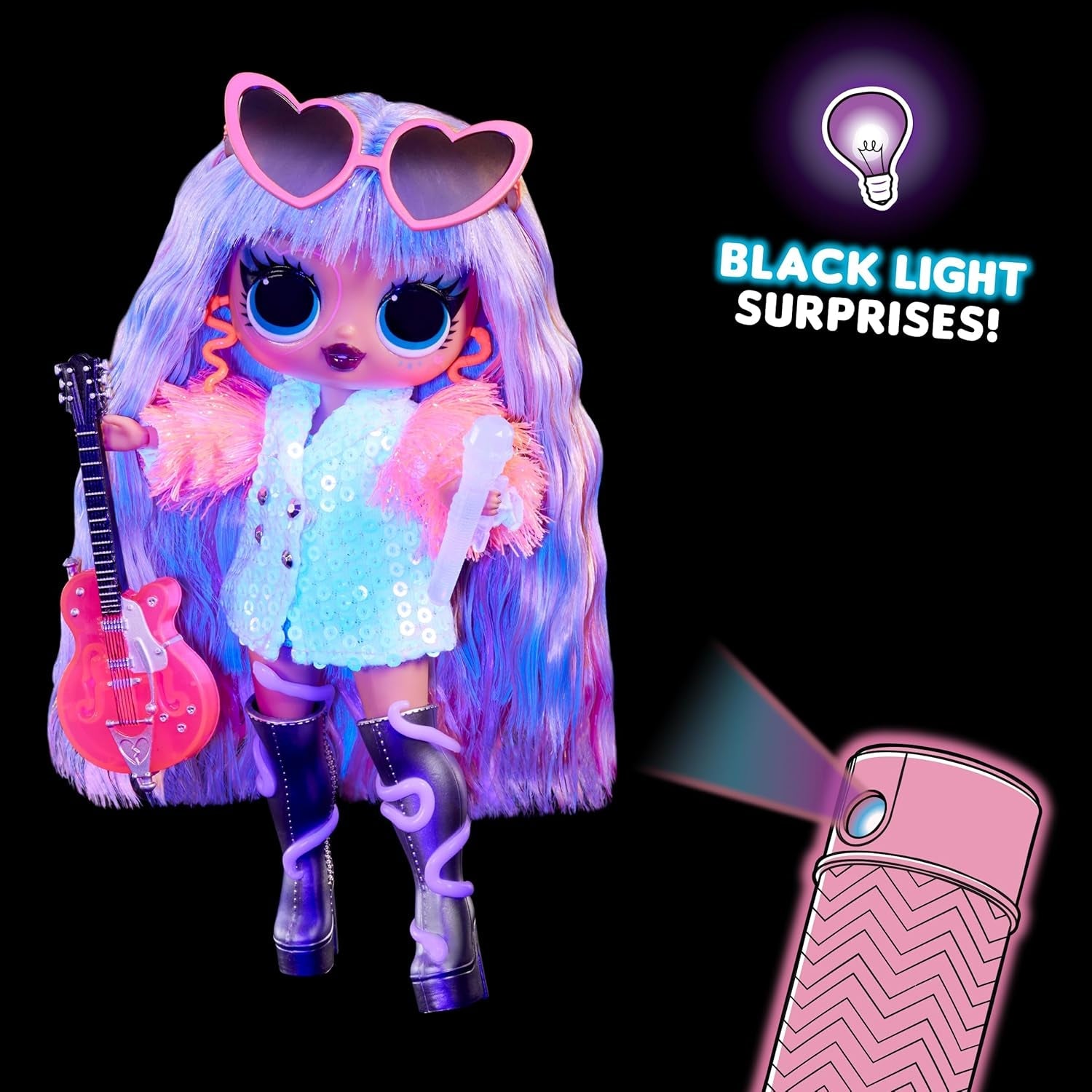 Jajaja ¡Sorpresa! Tweens Neon Pop Stars - Thea Stars - 1 muñeca de moda con sorpresas retroiluminadas y más de 10 prendas y accesorios de Pop Star, incluida su guitarra rosa fuerte, regalo para niños de 4 años en adelante