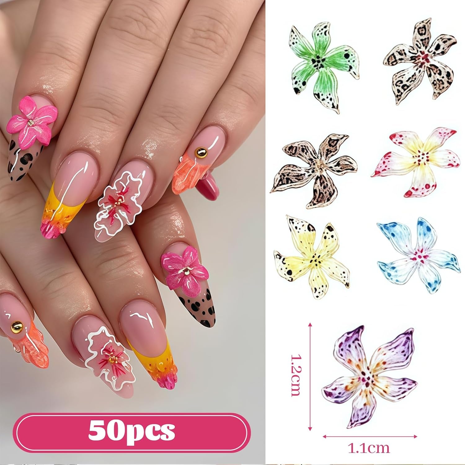 Juego de 50 colgantes de uñas 3D Blume, Bunte Nageldesign Zubehör, Nägel Charms y Nagel Art Charms, perfecto para Nailart, Maniküre Dekoration y DIY Nageldesign