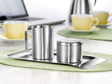 Juego de 4 recipientes para leche y azúcar, modelo Wave, 400-1655, fabricados en acero inoxidable 18/10 cepillado. El set consta de una bandeja de cada uno.