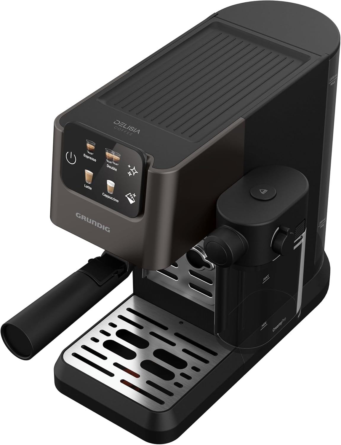Cafetera espresso con portafiltro GRUNDIG KSM 5330 con depósito de leche integrado, potencia 1628 W, presión de bomba 15 bar, doble boquilla, pantalla táctil a color, BrewSense, CreamyPro, Acero inoxidable oscuro/Negro