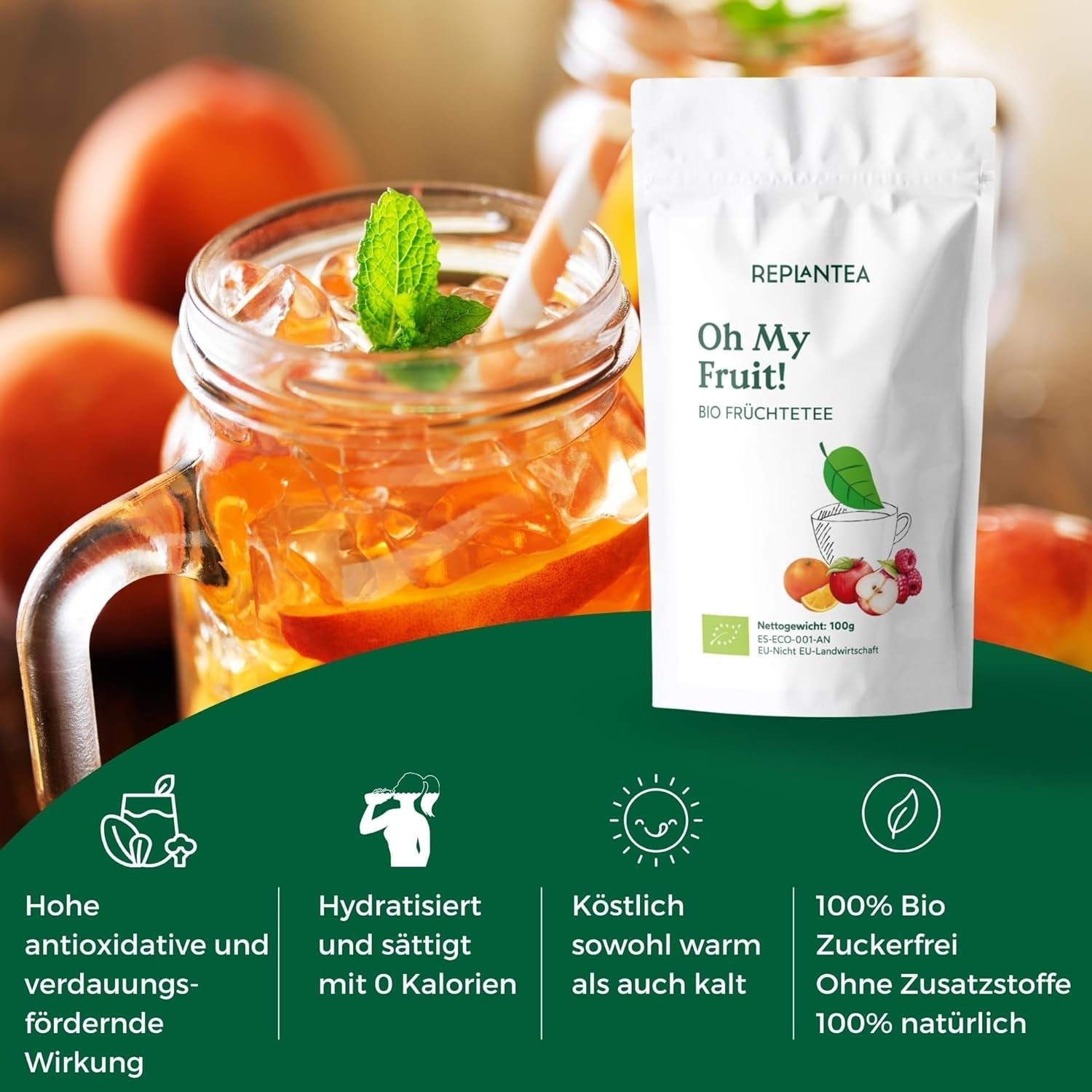 Oh My Fruit té de frutas BIO 100 g (50 tazas) | Té de frutas sueltas con manzanas, jamaica, frambuesas, naranjas y hojas de stevia REPLANTEA