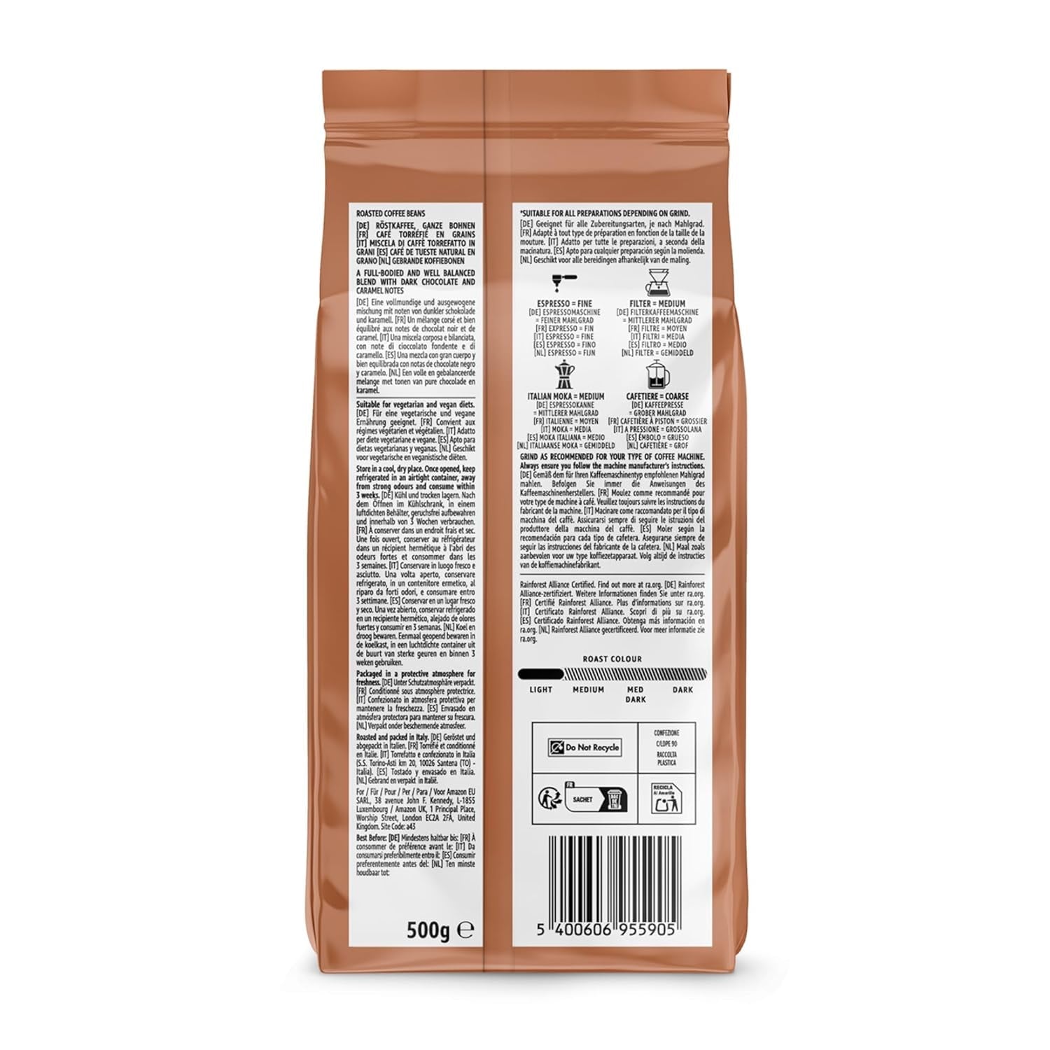 de Amazon Espresso Crema Röstkaffee Ganze Bohnen, 1 kg (2 paquetes de 500 g), Rainforest Alliance-Zertifizierung