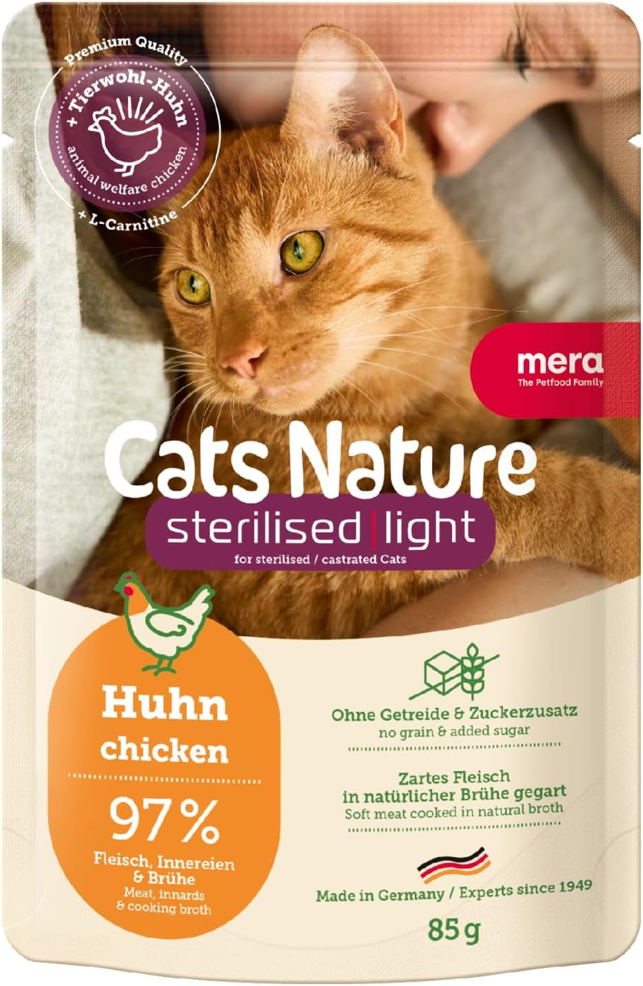 MERA Cats Nature Alimento Húmedo Esterilizado/Light para Pollo 12x85g | Para gatos esterilizados/castrados | Sin azúcar ni cereales | Comida húmeda baja en grasas y rica en carne