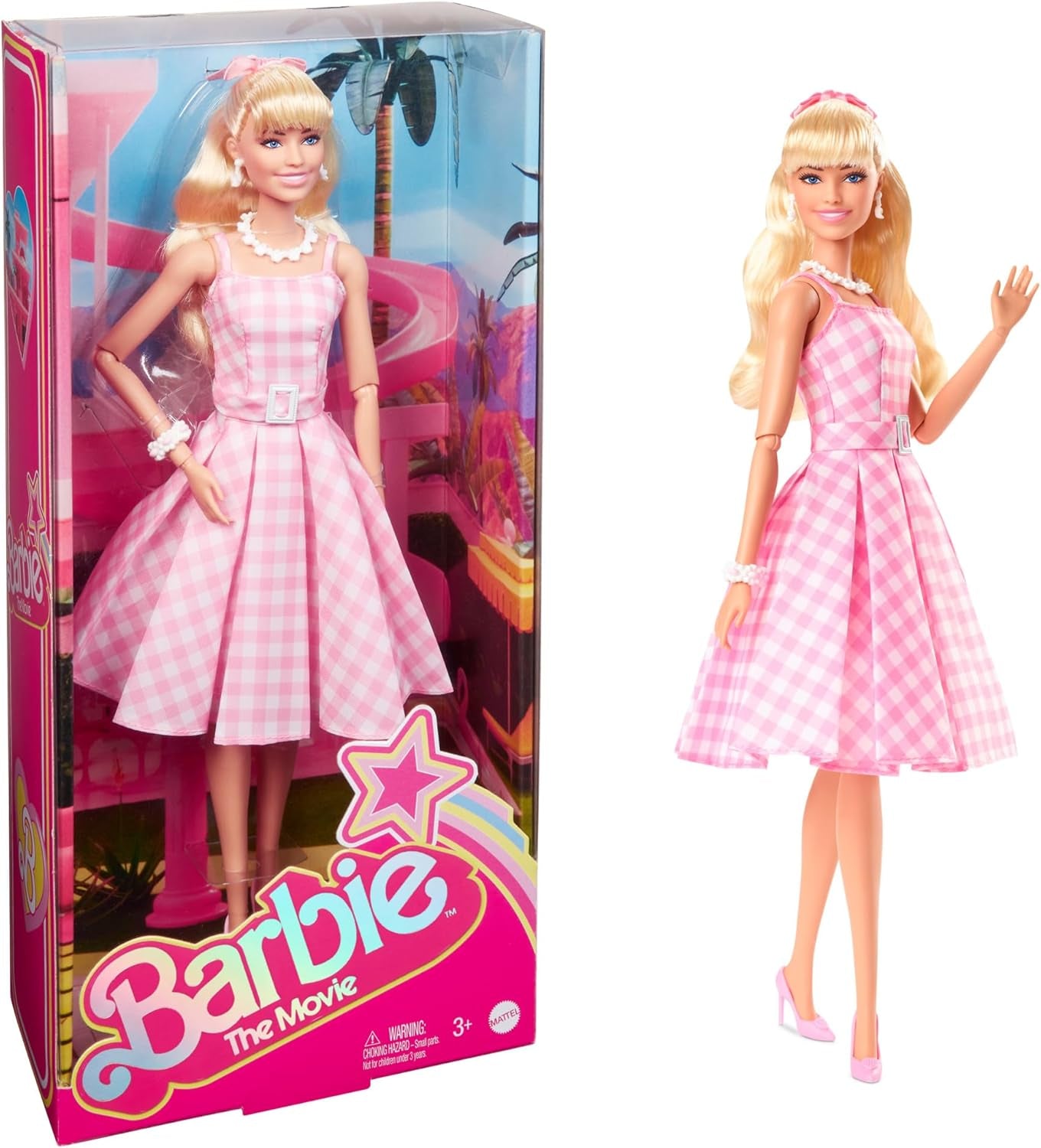 Muñeca Barbie La Película Muñeca con Vestido Rosa y Blanco y Collar de Margaritas Margot Robbie Juguete Coleccionable para 3 Años HPJ96