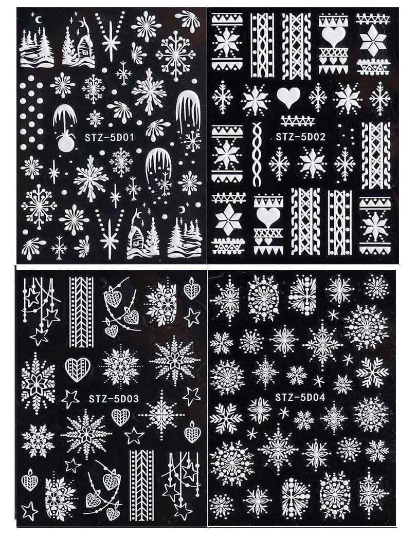 4 Blatt 3D Nagelsticker Weihnachten Nagelaufkleber Navidad 5D Stereoskopisch Selbstklebend Schneeflocke Schneemann Nail Art Sticker Dekoration Nageldesign Zubehör
