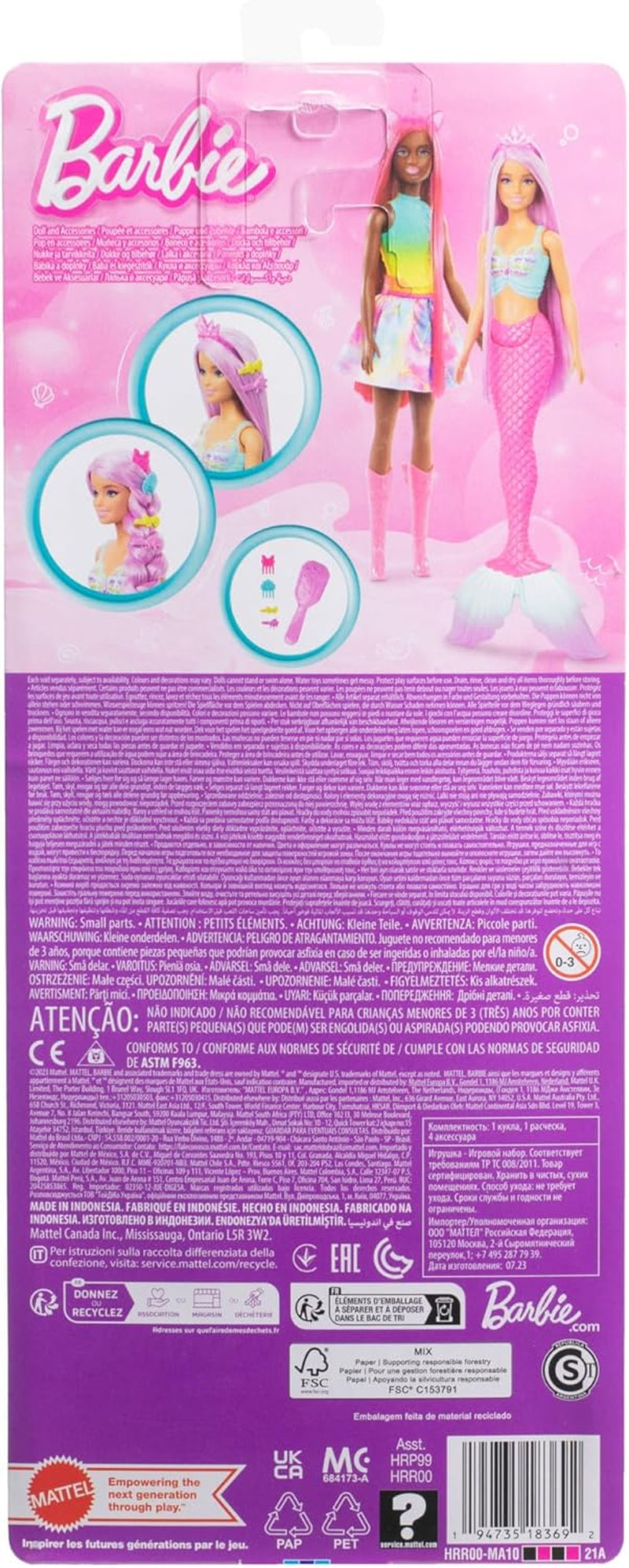 Muñeca Barbie Sirena: con pelo largo rosa y accesorios de peinado individuales, incluido un cepillo, una bonita punta festoneada y una aleta caudal rosa, para edades de 3 años en adelante, HRR00