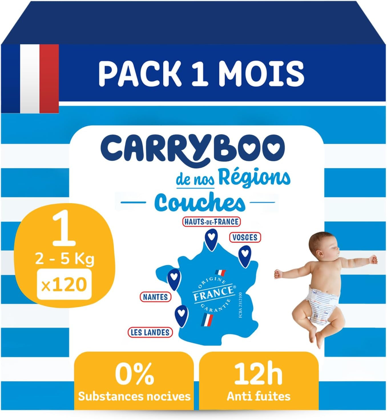 - Pañal talla 1 (2-5 kg) – saludable y extremadamente absorbente – 12 horas a prueba de fugas – ohne unerwünschte Substanzen – fabricado en Francia – precio asequible – 120 pañales desechables