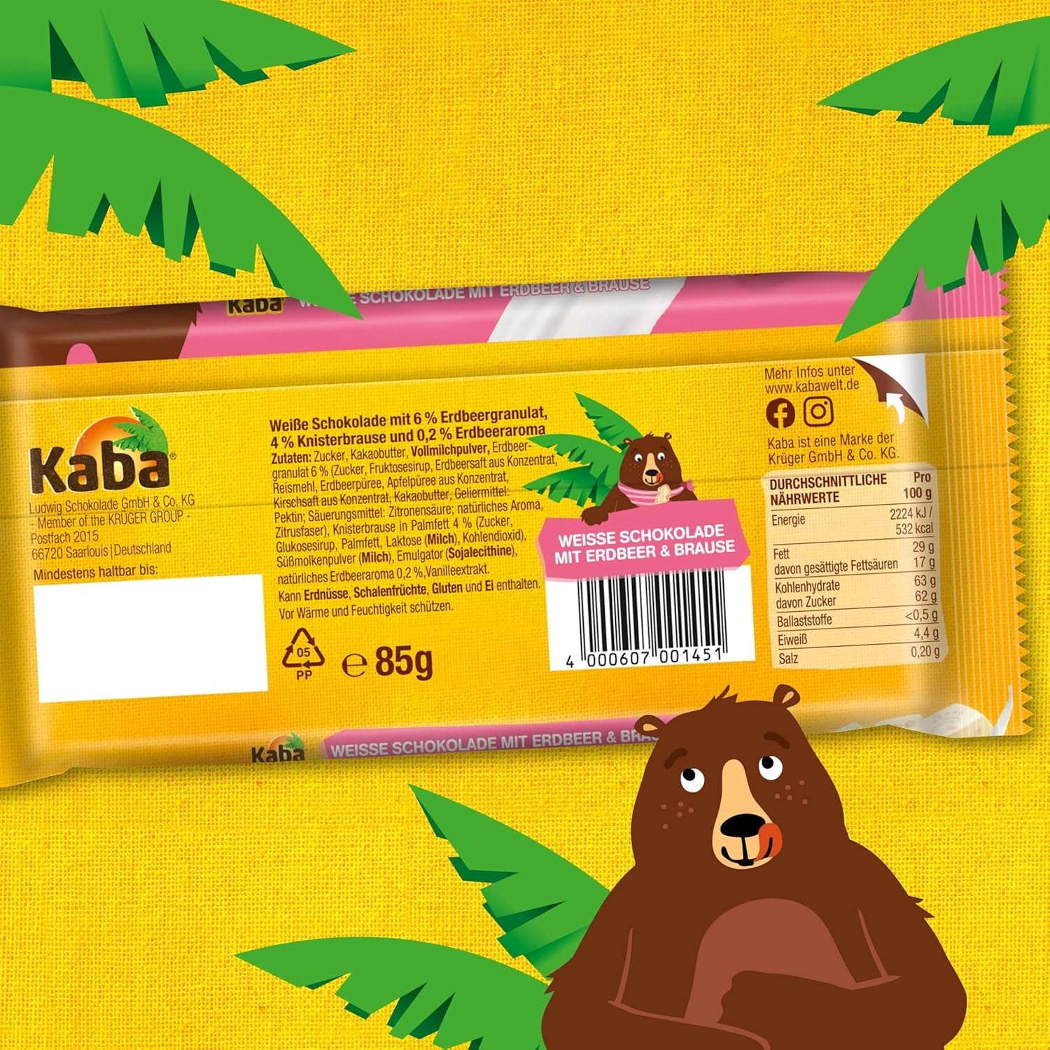 Kaba Chocolate Blanco con Sabor Fresa y Caramelos Efervescentes, Barra de Chocolate, Barrita 85g, Chocolate Blanco con Sabor Fresa y Caramelos Efervescentes con Sabor Original Kaba (Pack de 3)