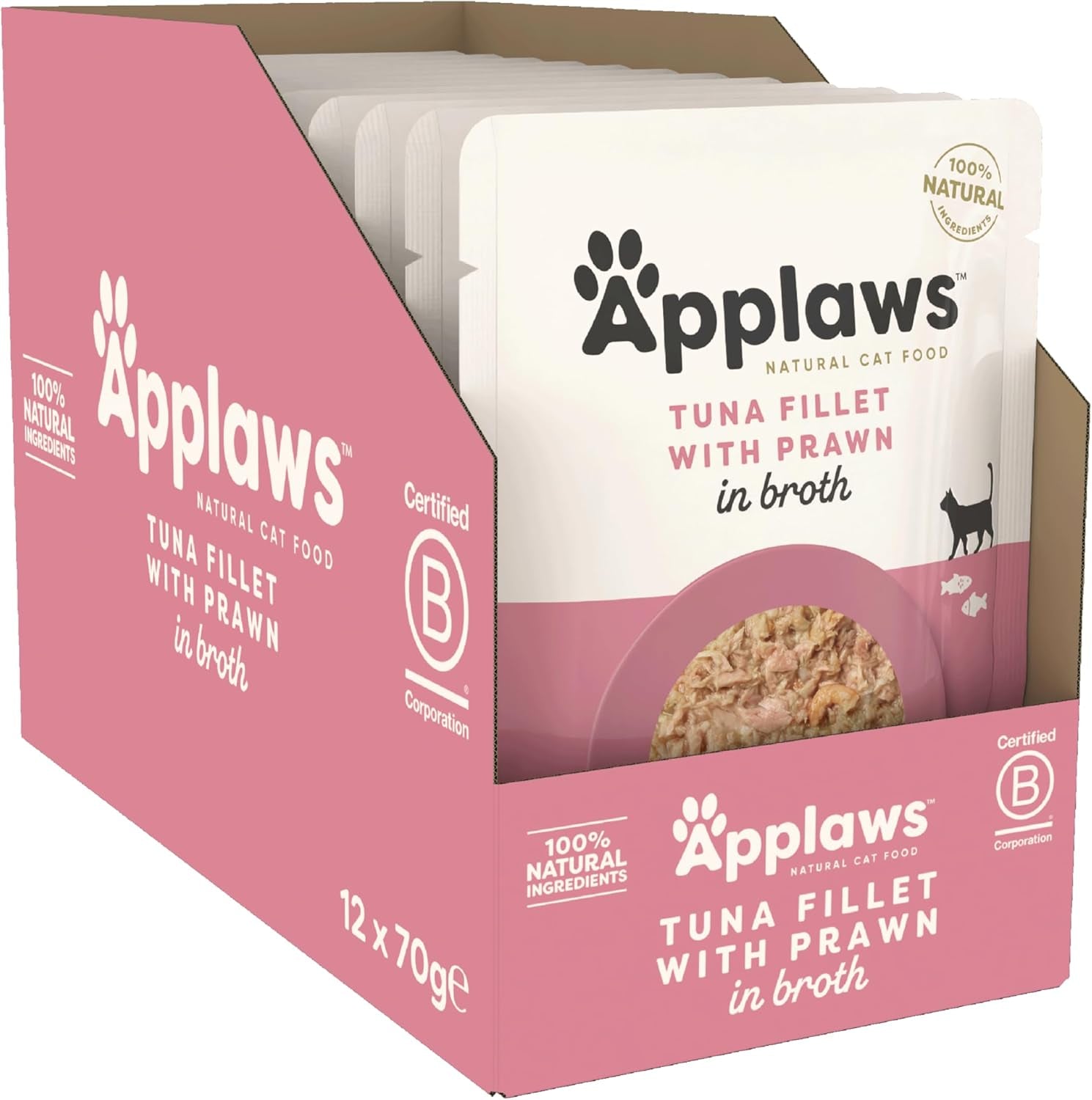 Applaws Comida húmeda natural premium para gatos, filetes de atún con camarones del Pacífico en sopa, sobres de porciones de 70 g (12 x 70 g)