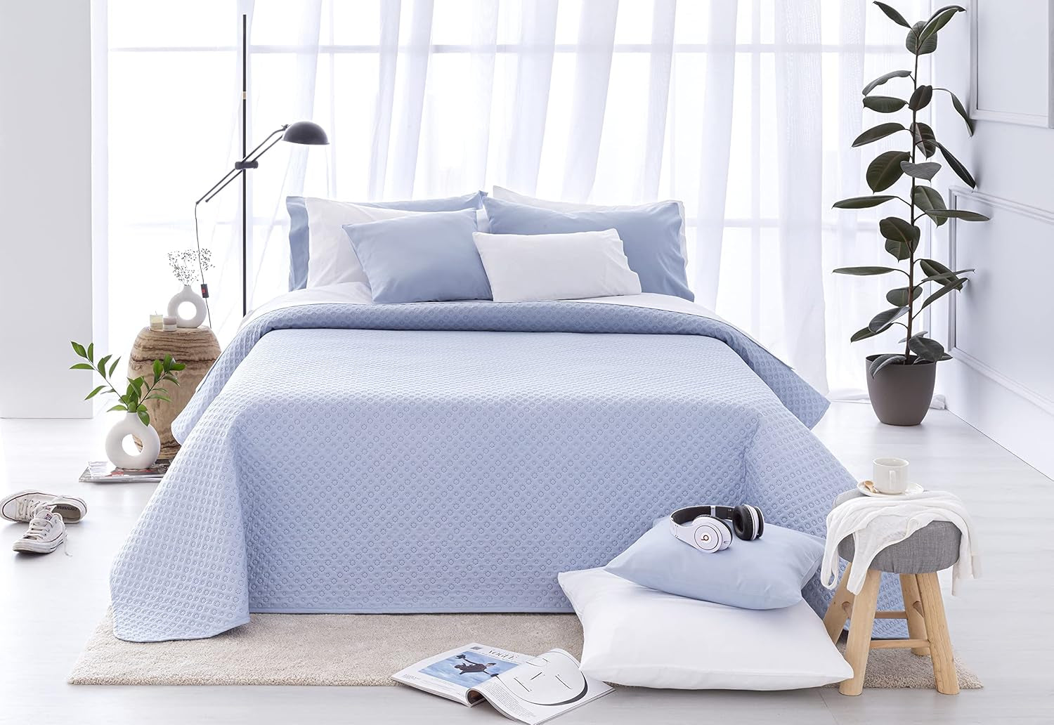 Todocama Fine Boutique Colcha con motivo piqué, para primavera, verano, otoño e invierno, 100% microfibra super suave, manta multifuncional, 140/150/160-250 X 260 cm, gris claro Camas y Mantas Beuche den Todocama-Store Azul claro 200 X 260 Cm