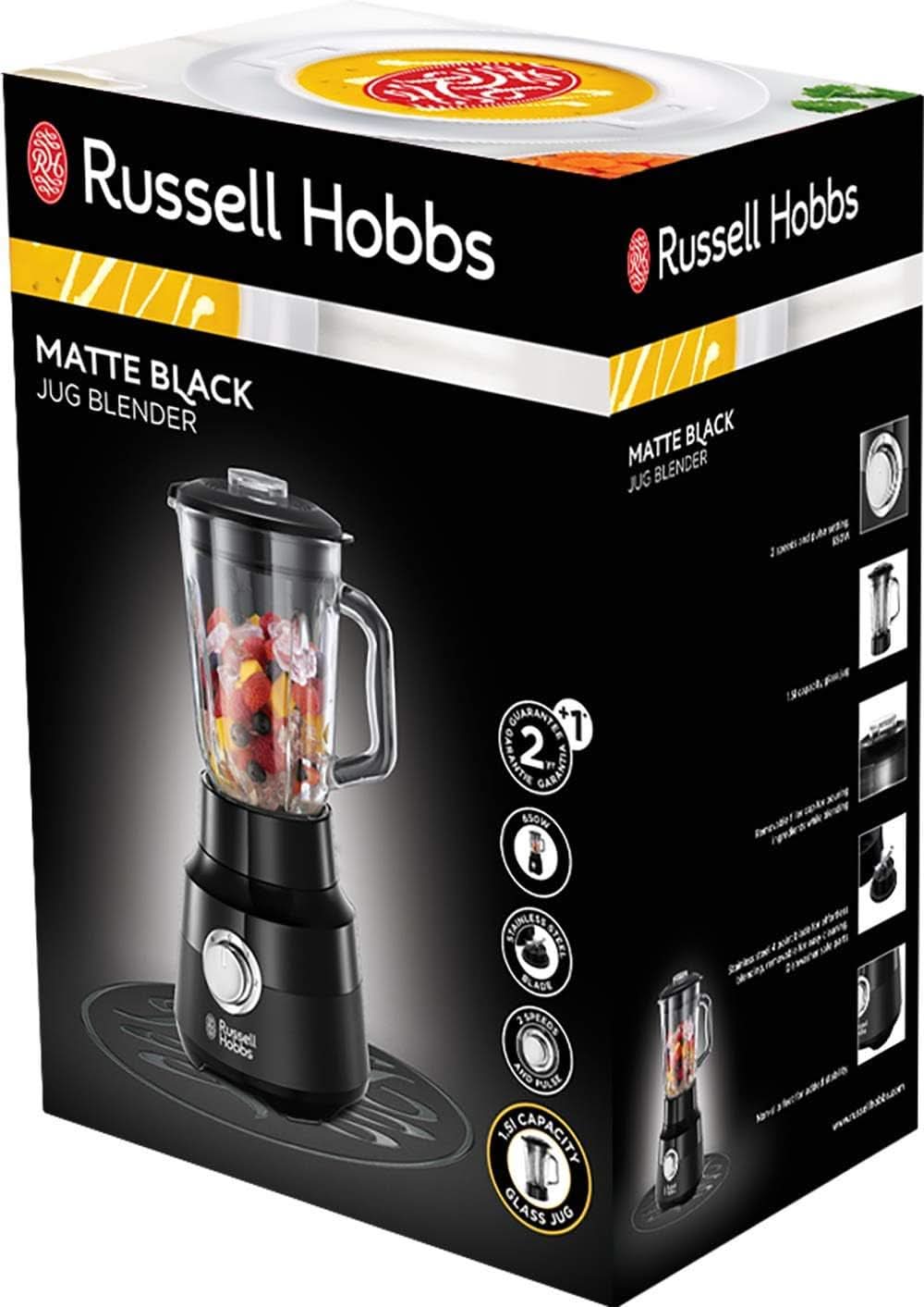Batidora con base Russell Hobbs [1.5L Glassbehälter] Matt Schwarz (motor Starker 0.9PS, función Impuls-/Ice-Crush, Edelstahlmesser, Bpa-Frei Mixer, Elektrischer Zerkleinerer, Smoothie-Maker) 24722-56 Kitchen Naty Shop