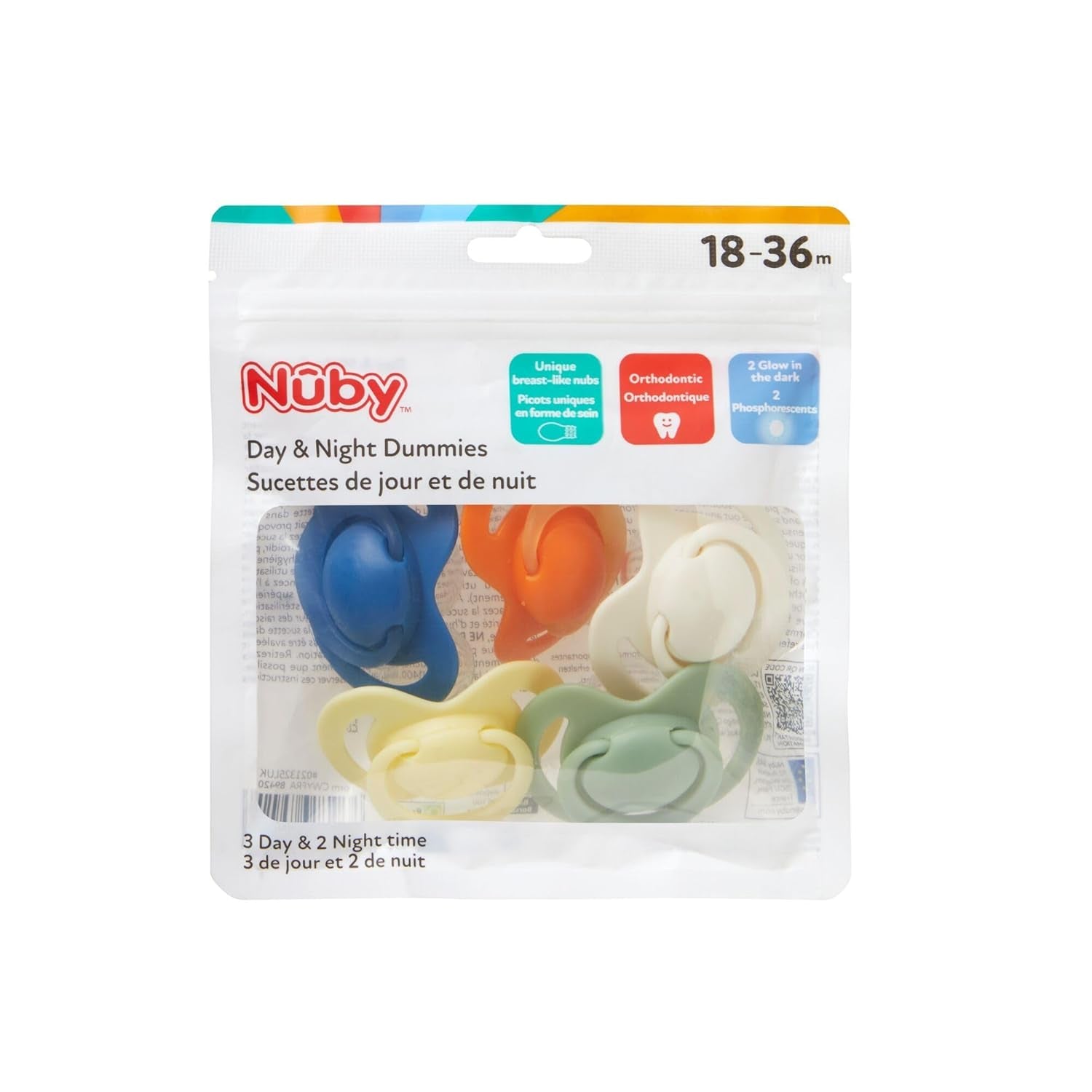 Nuby – Set de 5 Chupetes y Chupetes de Ortodoncia de Silicona Suave | 3 modelos para día y noche | 2 modelos que brillan en la oscuridad | Sin BPA | Forma parecida al pecho | Durante 18-36 meses