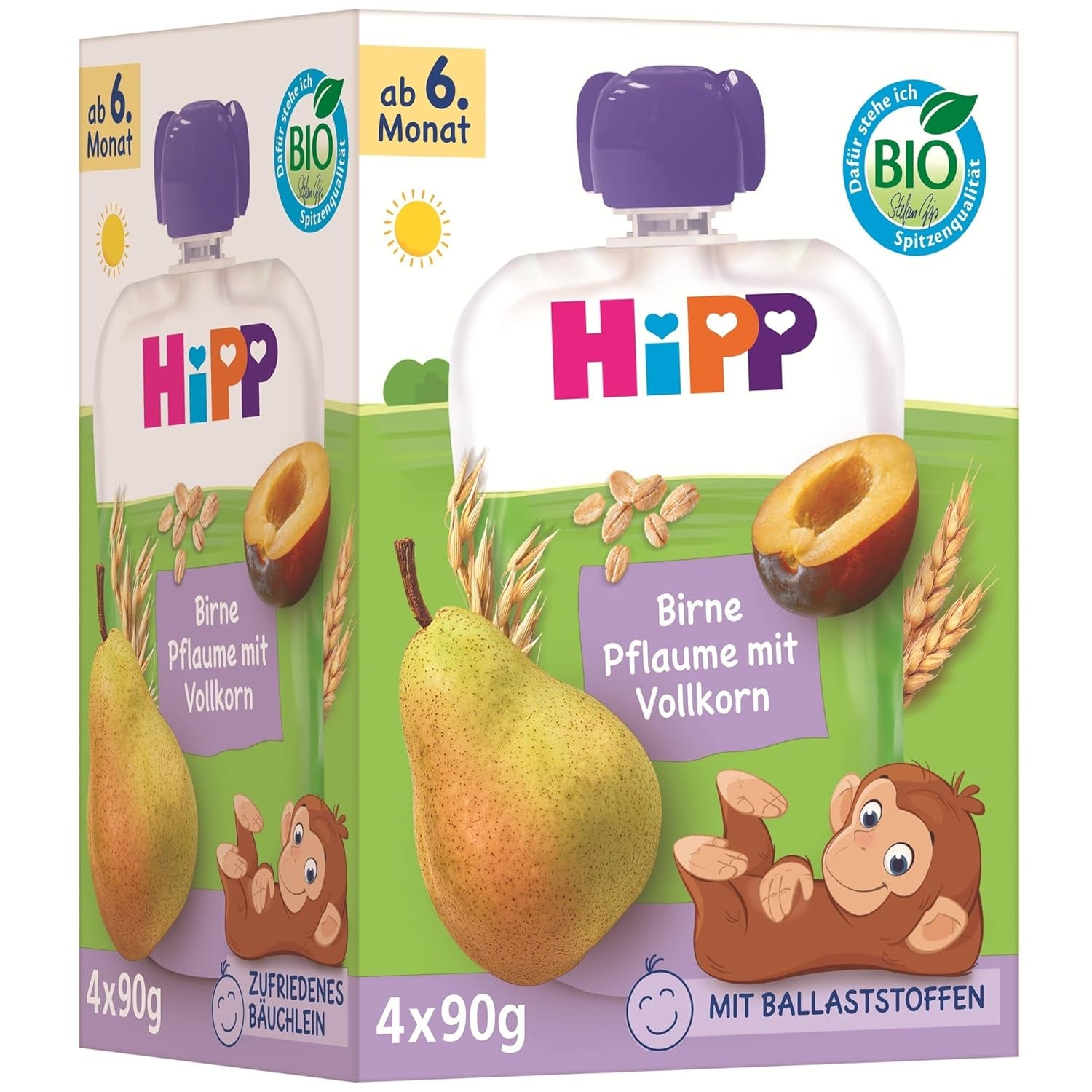 HiPP Bolsitas orgánicas de pera y ciruela, integrales, 16 piezas (4 paquetes de 4 x 90 g cada uno), para bebés a partir de 6 meses, sin azúcar añadido, vegano, la mejor calidad orgánica