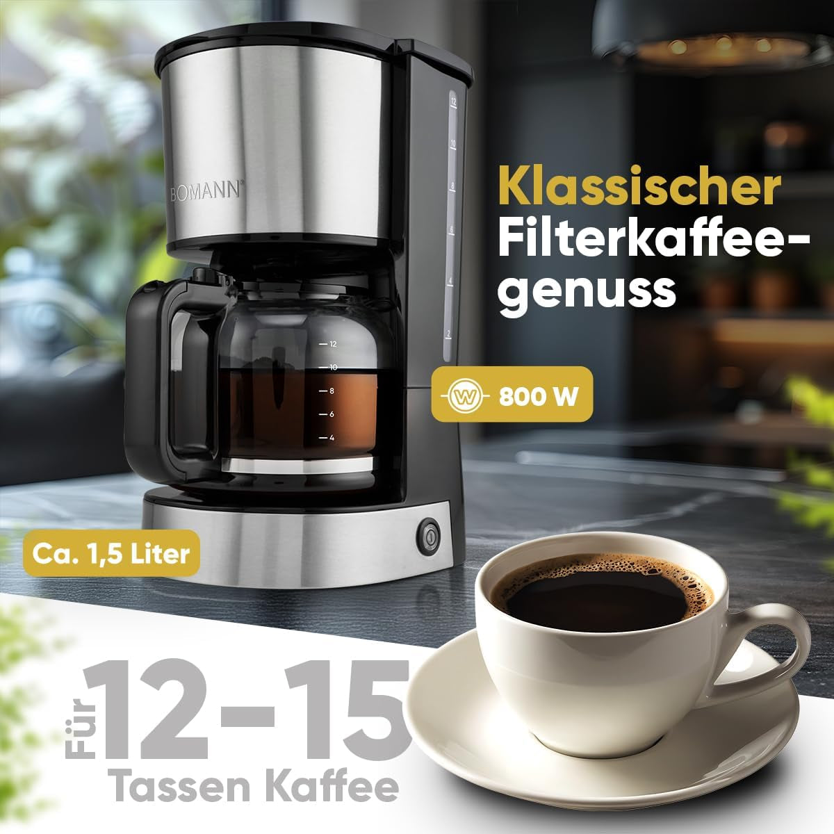 Cafetera espresso con filtro Bomann® | para 12-14 tazas | Cafetera espresso con filtro | Caja de acero inoxidable | Antigoteo | Café expreso | Cafetera espresso con filtro | 800W | KA 6071 CB
