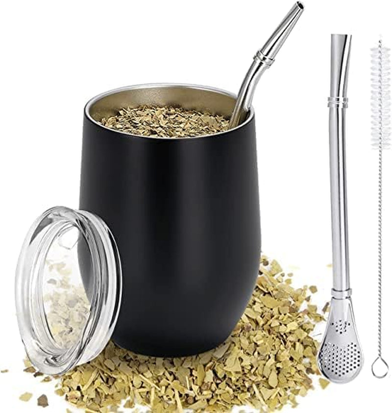 Taza Mate Moderna 340ml, Juego de Tazas de Yerba Mate de Acero Inoxidable con Doble Pared Aislante, Taza de Té Mate con Tapa Libre de BPA, Bombillas y Cepillo de Limpieza (Plata)