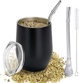 Taza Mate Moderna 340ml, Juego de Tazas de Yerba Mate de Acero Inoxidable con Doble Pared Aislante, Taza de Té Mate con Tapa Libre de BPA, Bombillas y Cepillo de Limpieza (Plata)