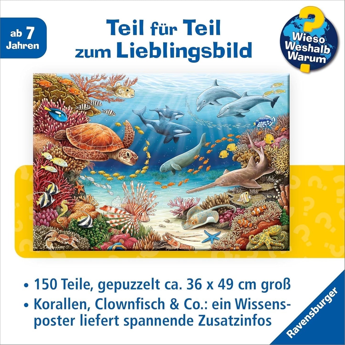 Puzzle infantil Ravensburger 13411 - Criaturas marinas en el arrecife de coral - ¿Por qué? ¿Por qué? ¿Por qué? Puzzle 150 piezas XXL + cartel de conocimientos, para niños a partir de 7 años Puzzle Naty Shop