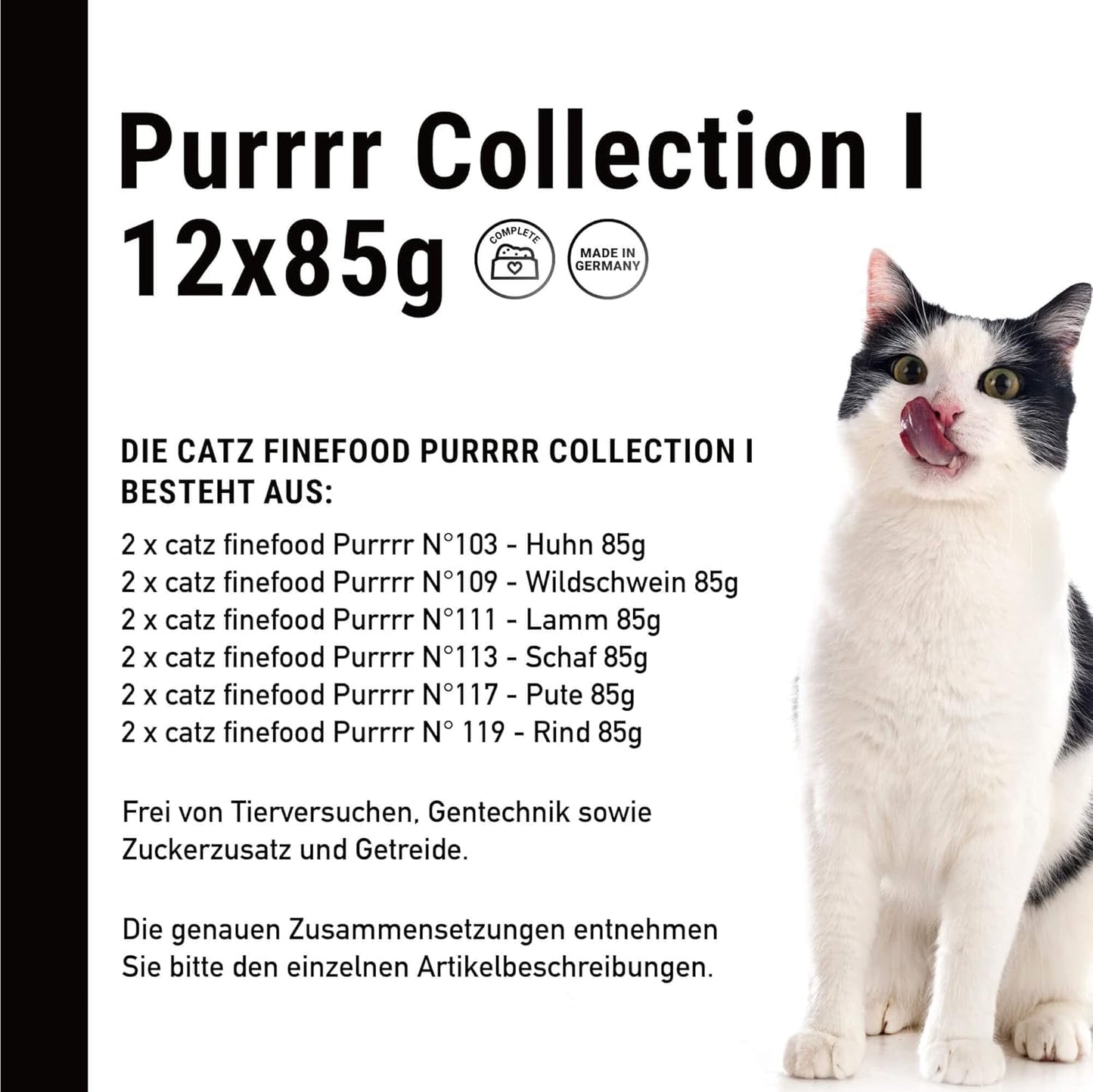 Catz Finefood Purrrr Collection I - Alimento húmedo monoproteico para gatos - Sin cereales, sin azúcar, hipoalergénico - Alto contenido en carne - Paquete múltiple de alimento húmedo para gatos - En sobres, 85 g (12 paquetes)
