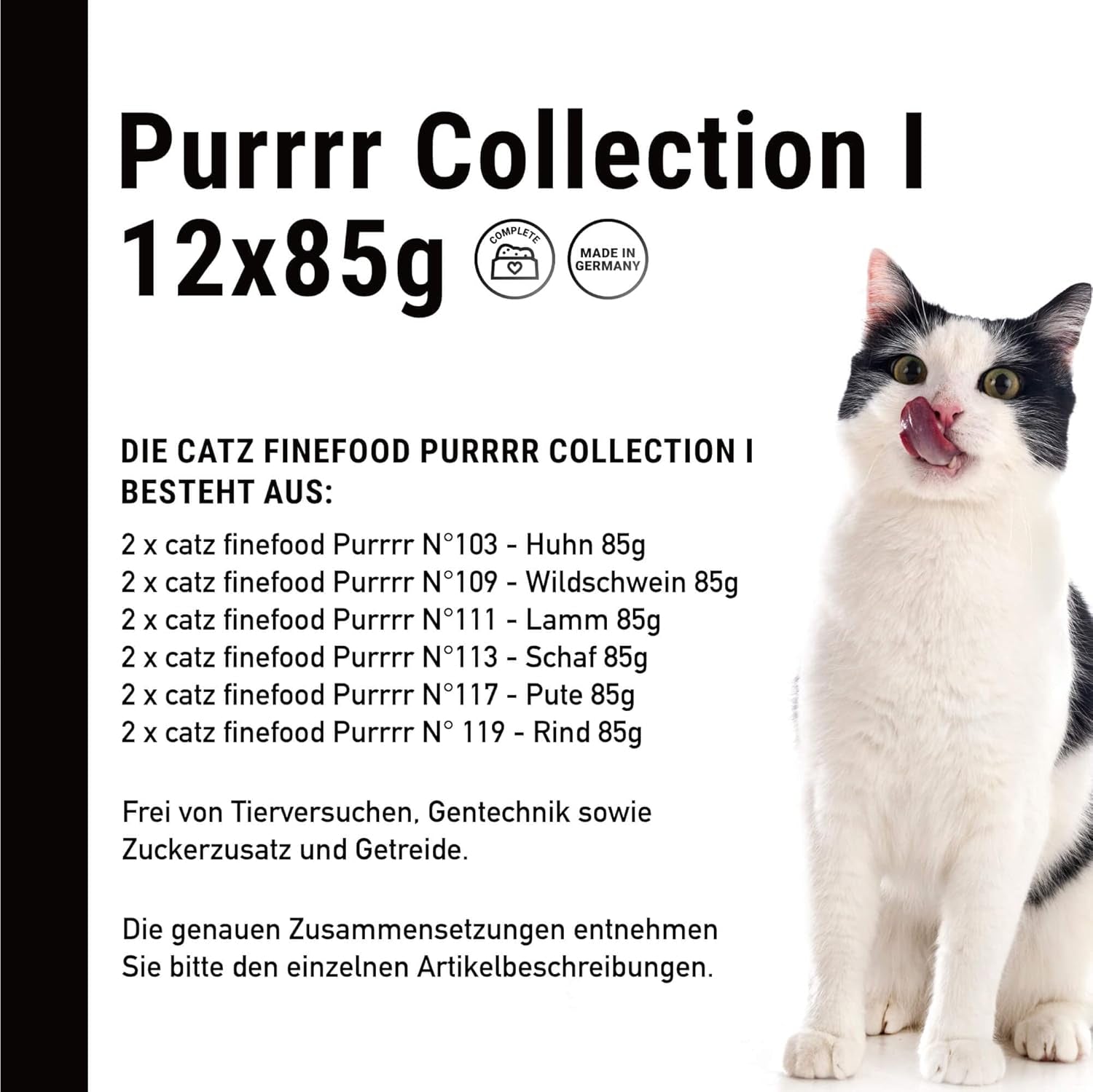 Catz Finefood Purrrr Collection I - Alimento húmedo monoproteico para gatos - Sin cereales, sin azúcar, hipoalergénico - Alto contenido en carne - Paquete múltiple de alimento húmedo para gatos - En sobres, 85 g (12 paquetes)