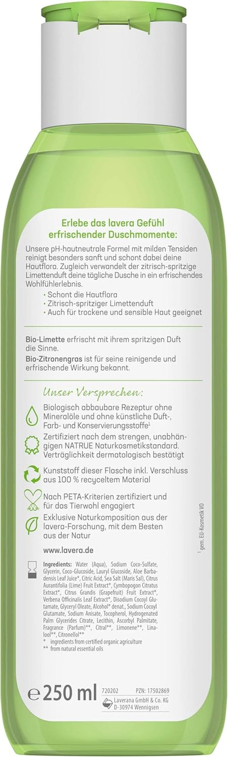 Lavera, Gel de ducha refrescante con lima ecológica, 250 ml Ducha y baño Naty Shop