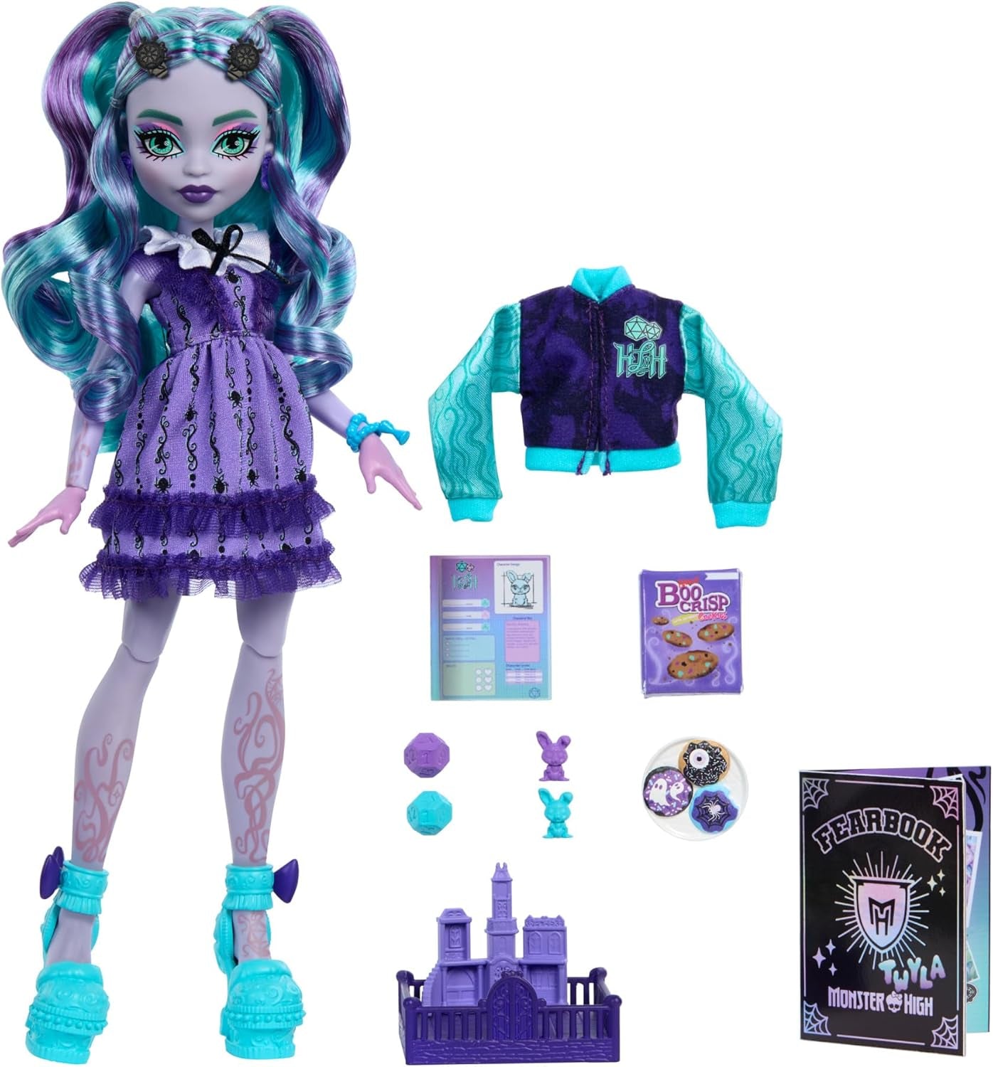 Monster High Fearbook Twyla - Juego de accesorios temáticos para muñeca y club de cine, chaqueta universitaria, álbum de graduación, juego de mesa y galletas, HXW31